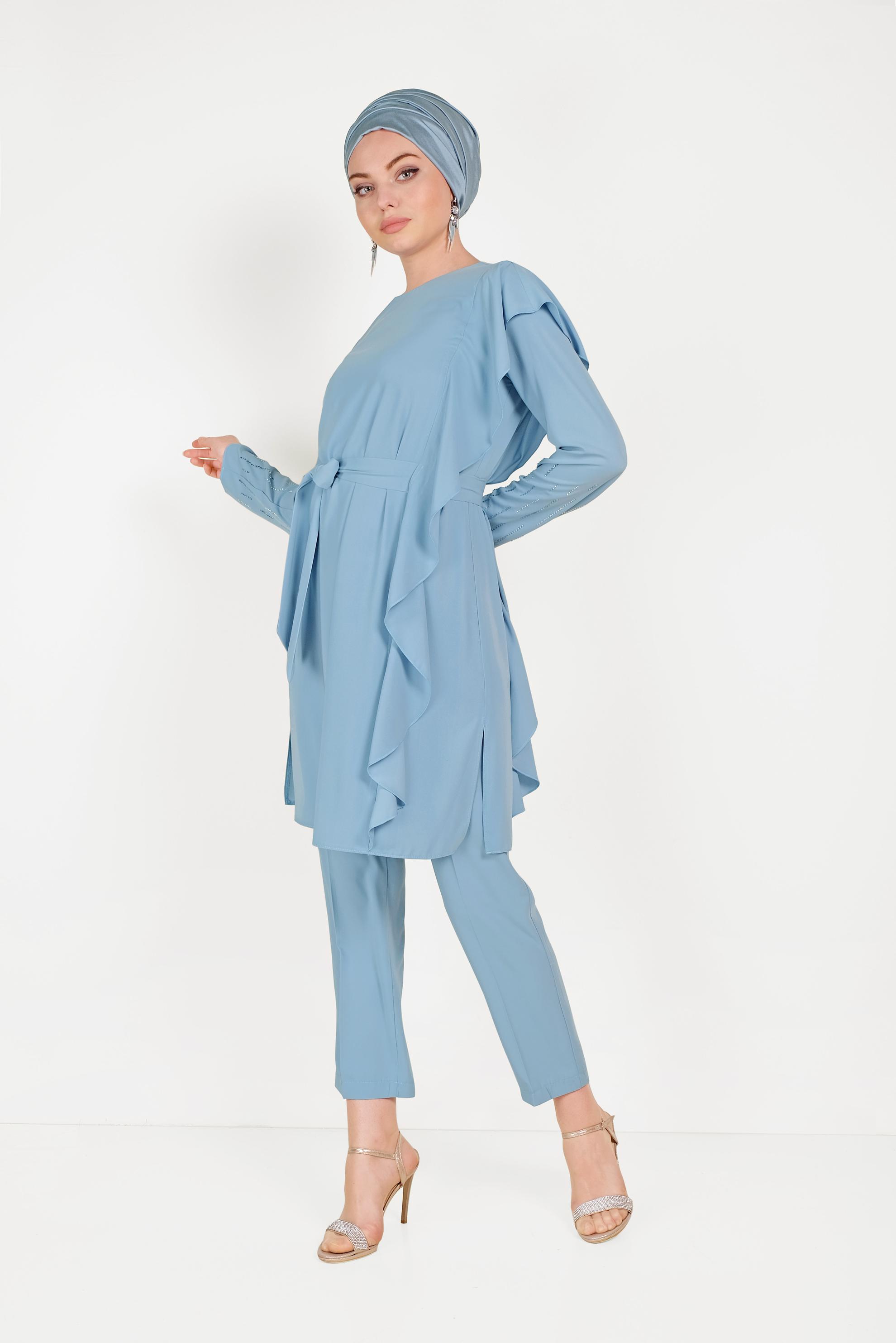 Tesettür giyim BEYAZ FIRFIR DETAYLI TAŞLI İKİLİ PANTOLONLU TAKIM 30011