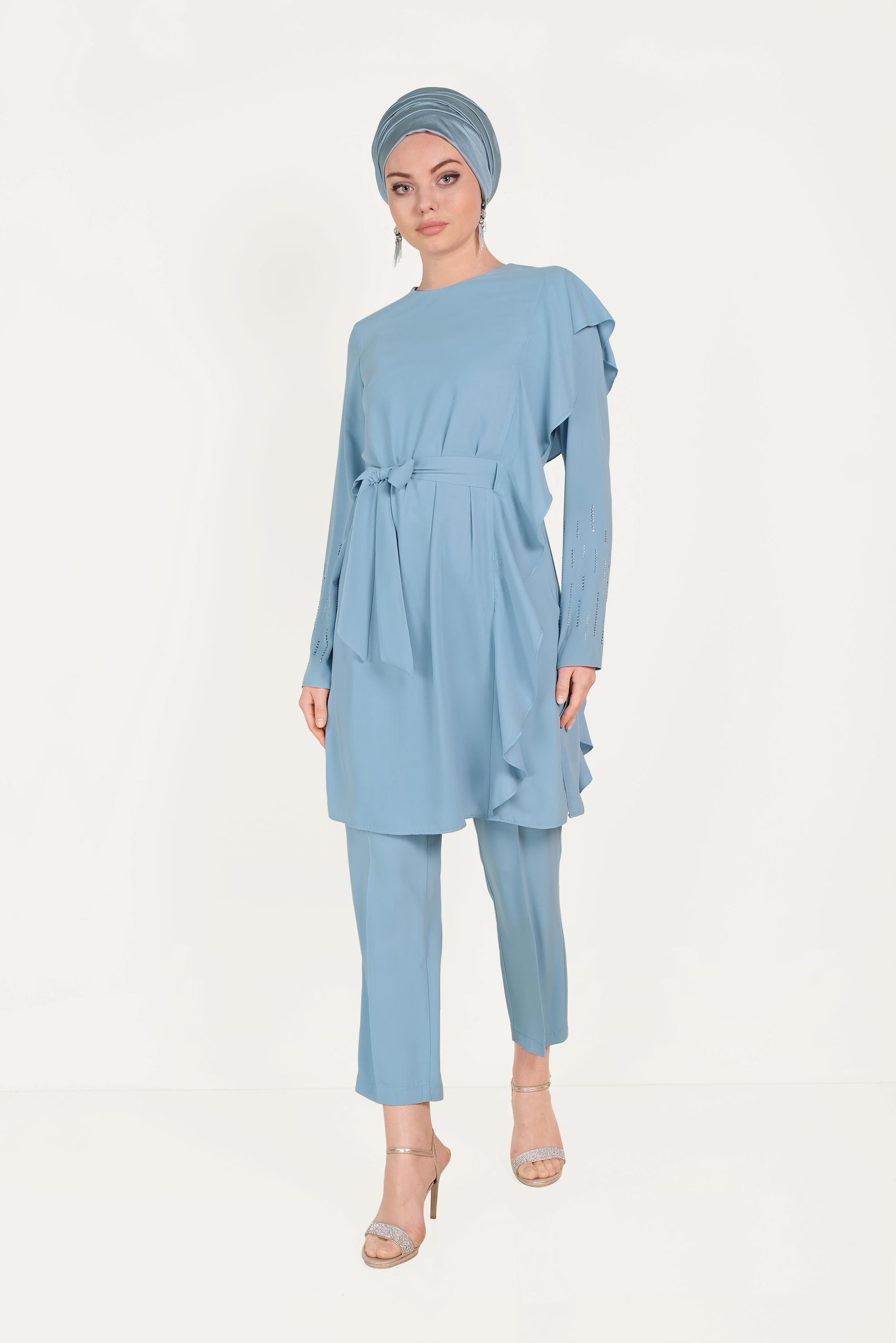 Tesettür giyim BEYAZ FIRFIR DETAYLI TAŞLI İKİLİ PANTOLONLU TAKIM 30011