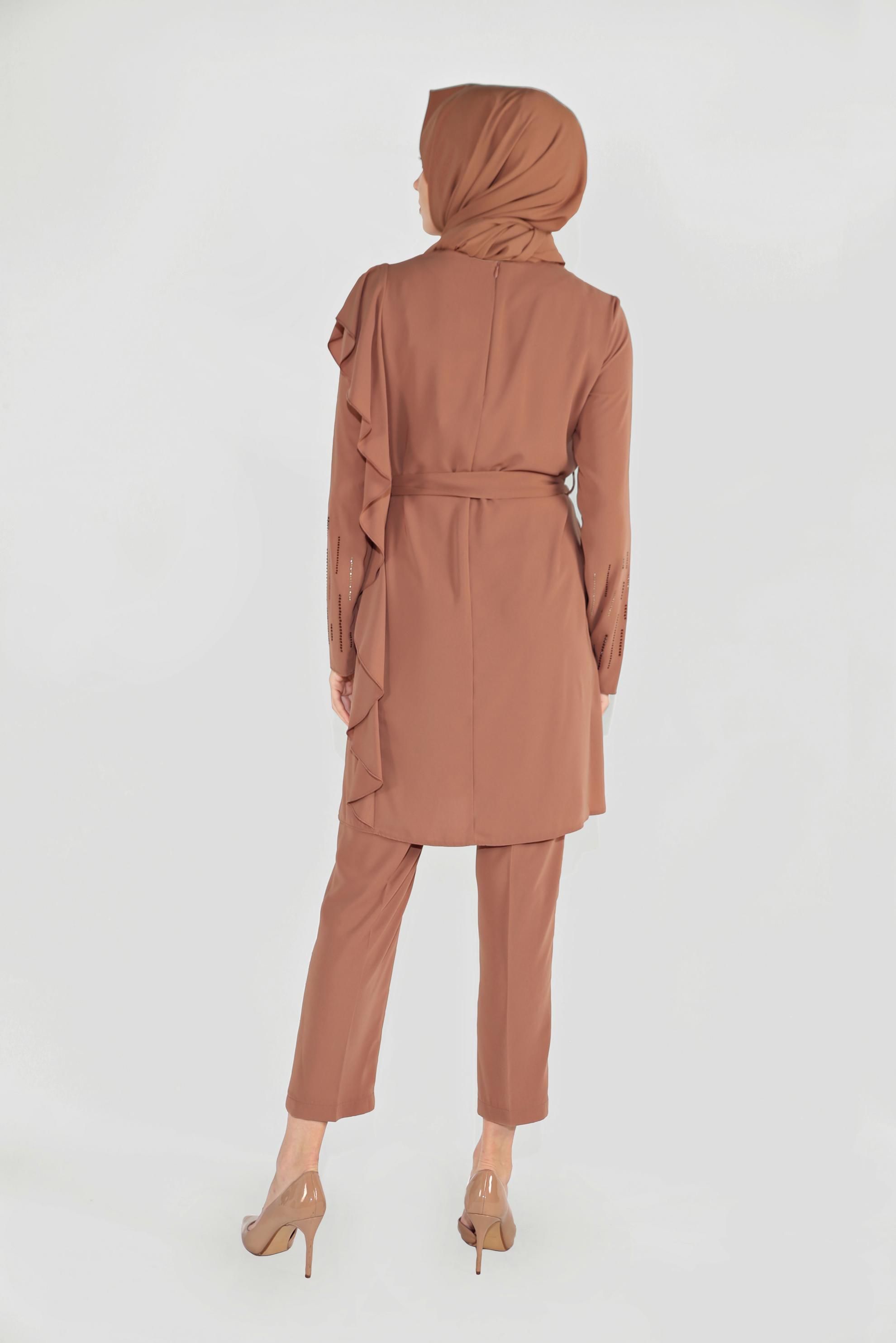 Tesettür giyim KAHVE FIRFIR DETAYLI TAŞLI İKİLİ PANTOLONLU TAKIM 30011