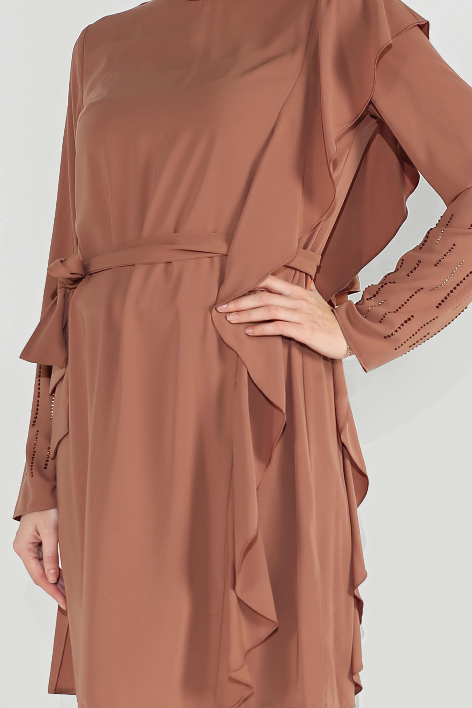 Tesettür giyim KAHVE FIRFIR DETAYLI TAŞLI İKİLİ PANTOLONLU TAKIM 30011