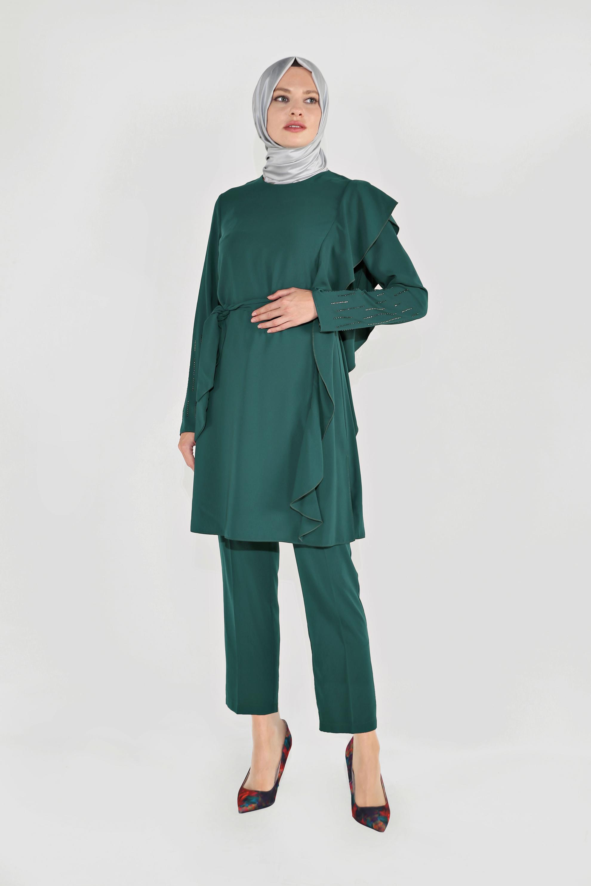 Tesettür giyim YEŞİL FIRFIR DETAYLI TAŞLI İKİLİ PANTOLONLU TAKIM 30011