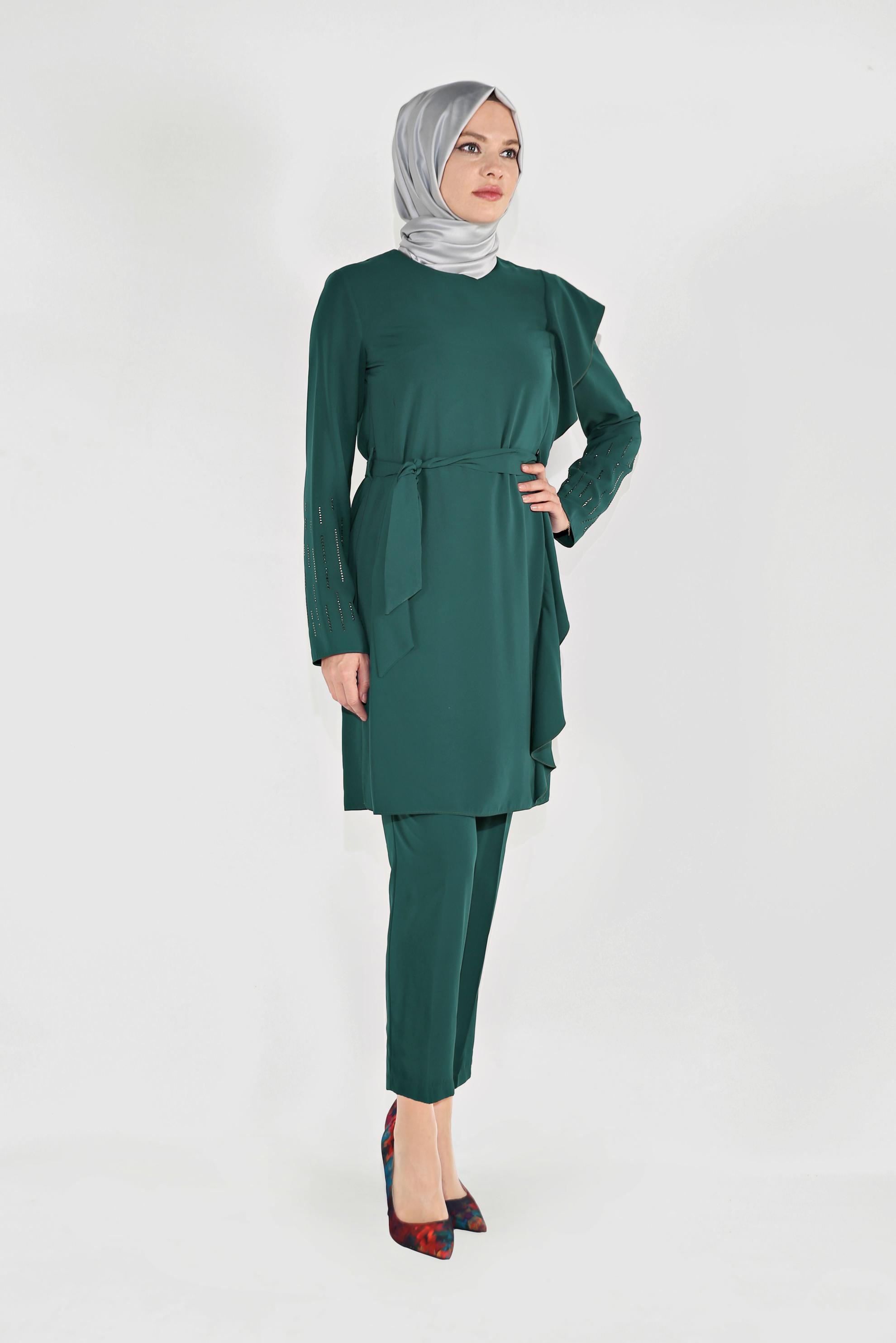 Tesettür giyim YEŞİL FIRFIR DETAYLI TAŞLI İKİLİ PANTOLONLU TAKIM 30011