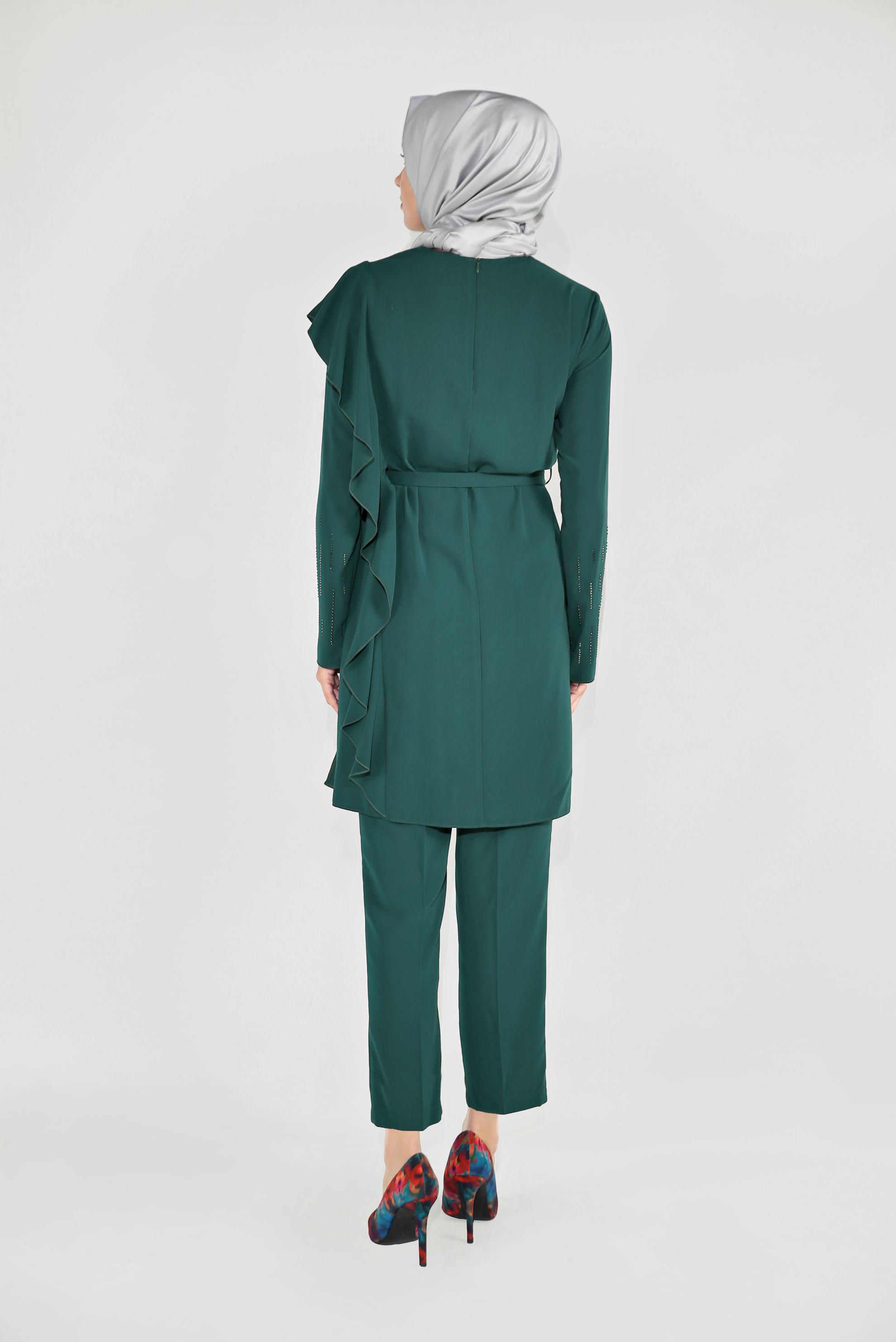 Tesettür giyim YEŞİL FIRFIR DETAYLI TAŞLI İKİLİ PANTOLONLU TAKIM 30011