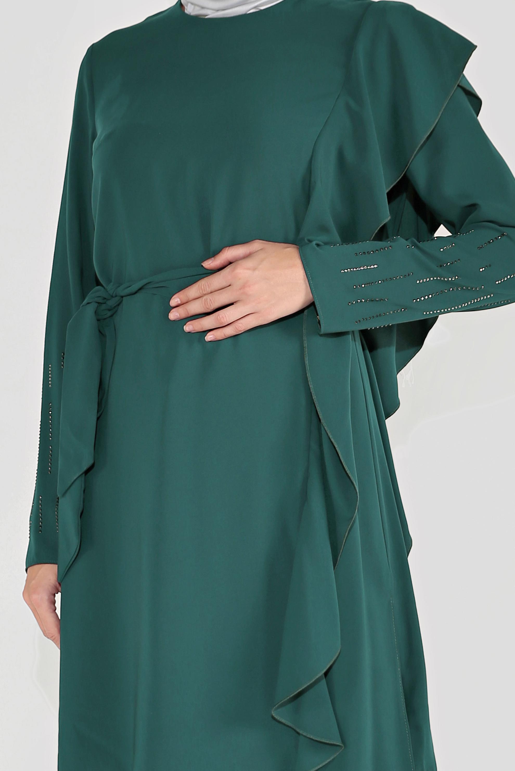 Tesettür giyim YEŞİL FIRFIR DETAYLI TAŞLI İKİLİ PANTOLONLU TAKIM 30011