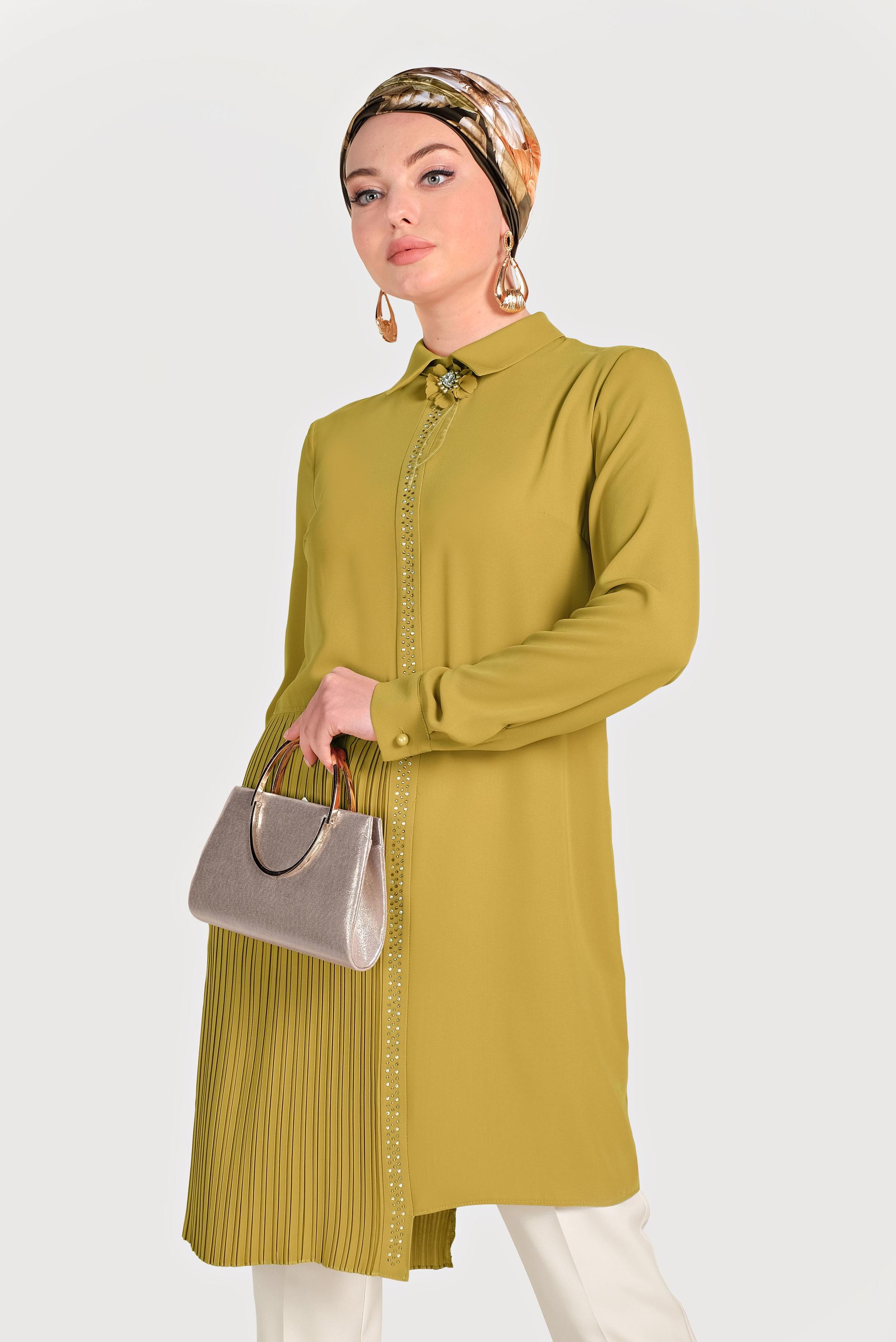 Tesettür giyim SARI PİLİSELİ İKİLİ PANTOLONLU TAKIM 30012