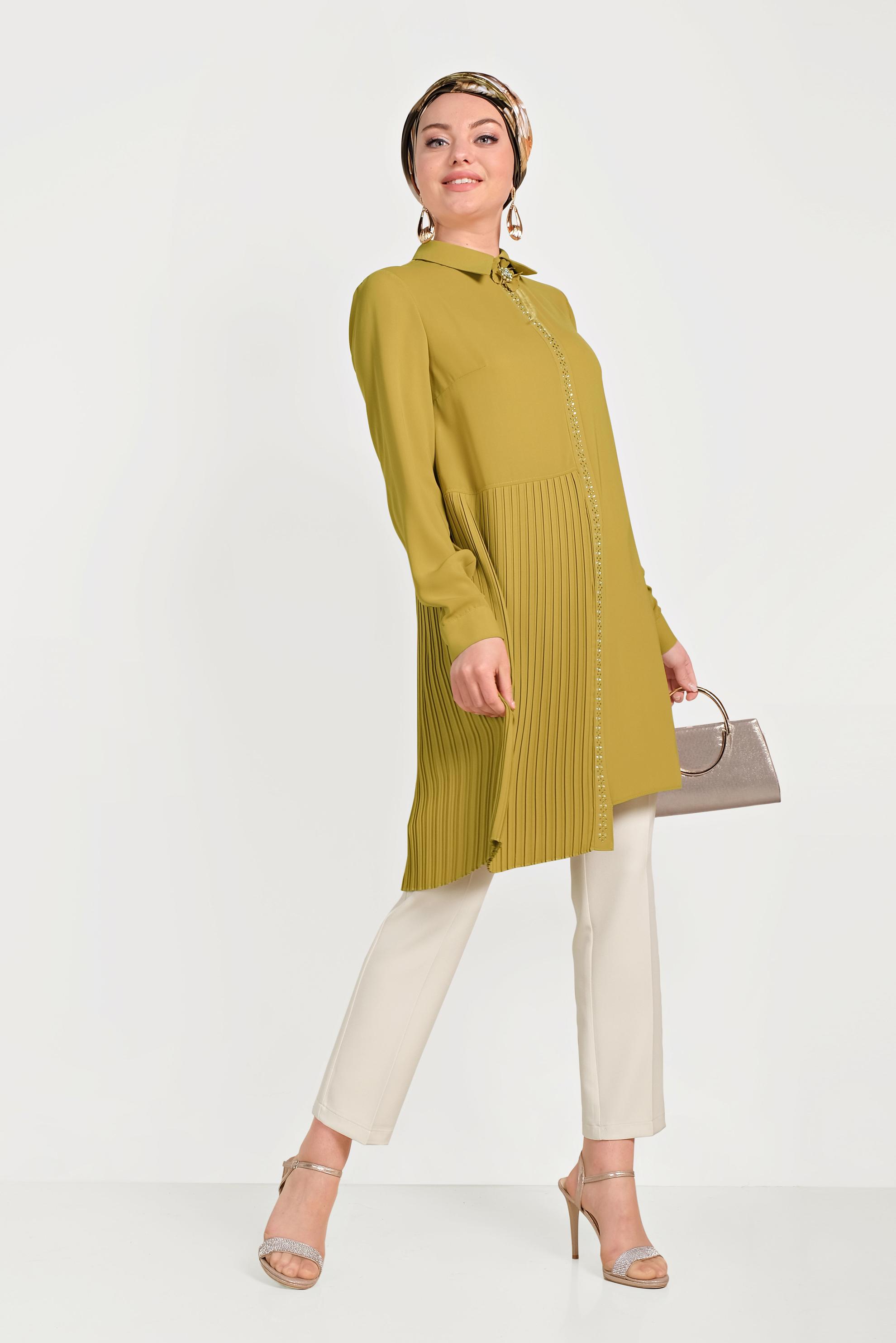 Tesettür giyim SARI PİLİSELİ İKİLİ PANTOLONLU TAKIM 30012