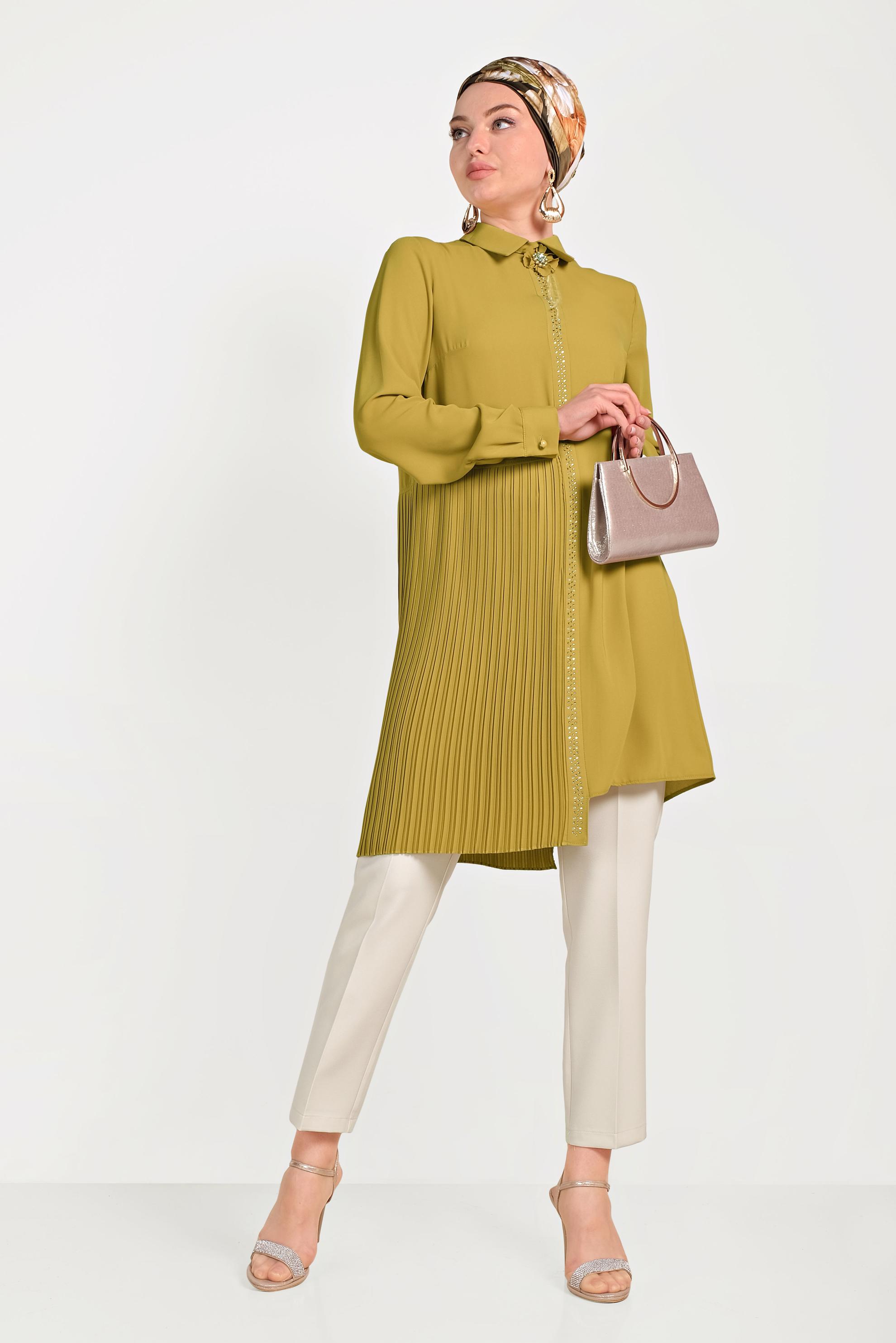 Tesettür giyim SARI PİLİSELİ İKİLİ PANTOLONLU TAKIM 30012