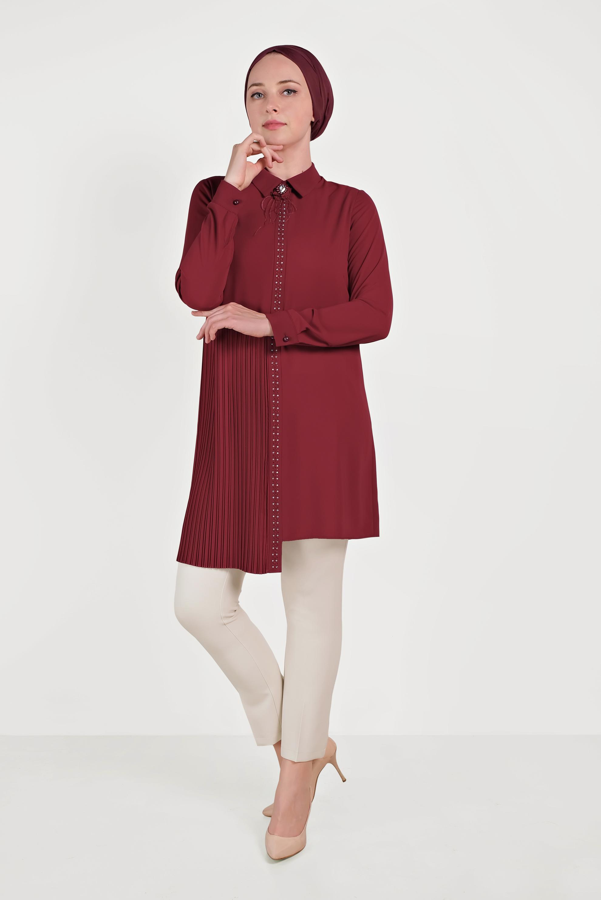 Tesettür giyim BORDO PİLİSELİ İKİLİ PANTOLONLU TAKIM 30012
