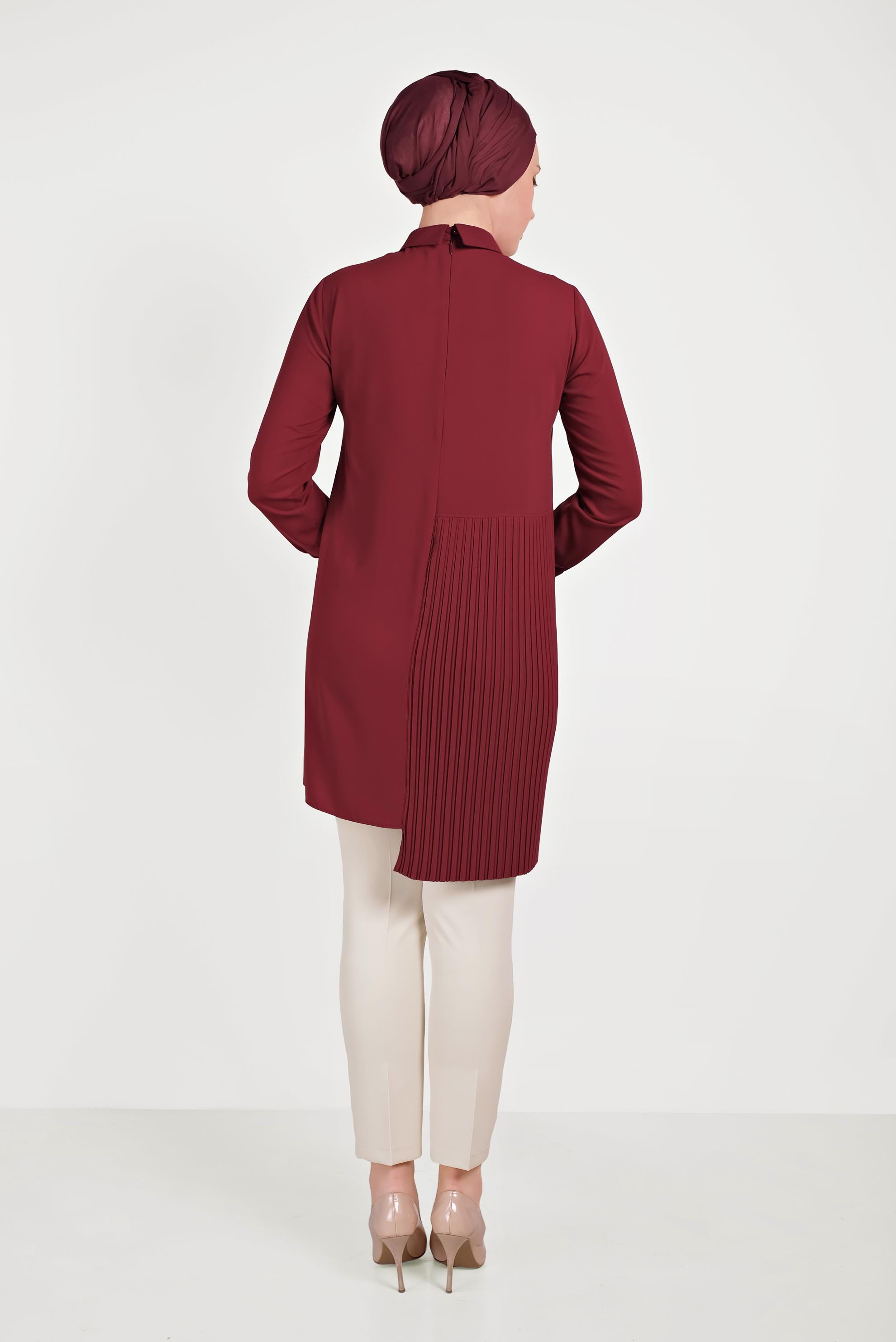 Tesettür giyim BORDO PİLİSELİ İKİLİ PANTOLONLU TAKIM 30012