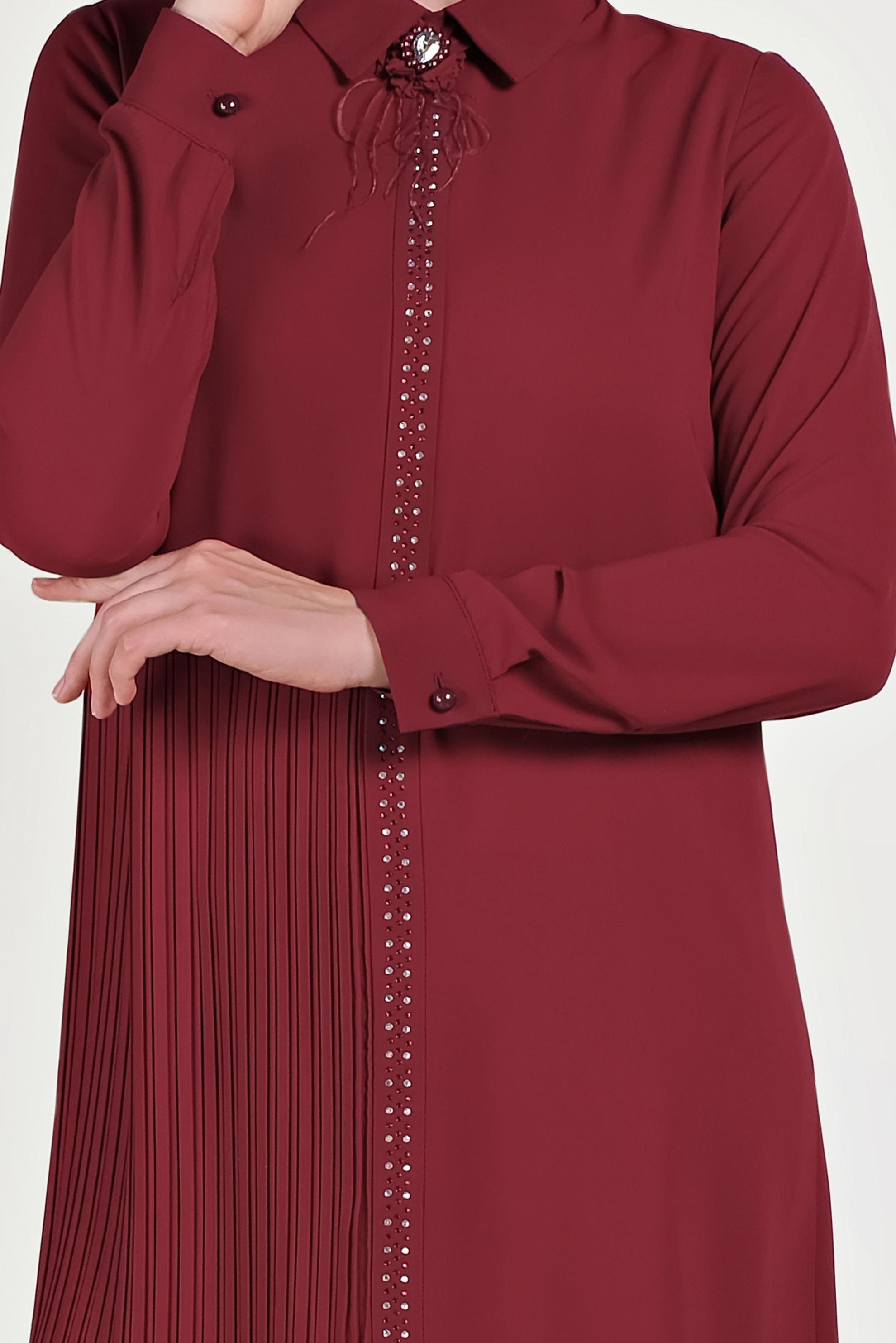 Tesettür giyim BORDO PİLİSELİ İKİLİ PANTOLONLU TAKIM 30012