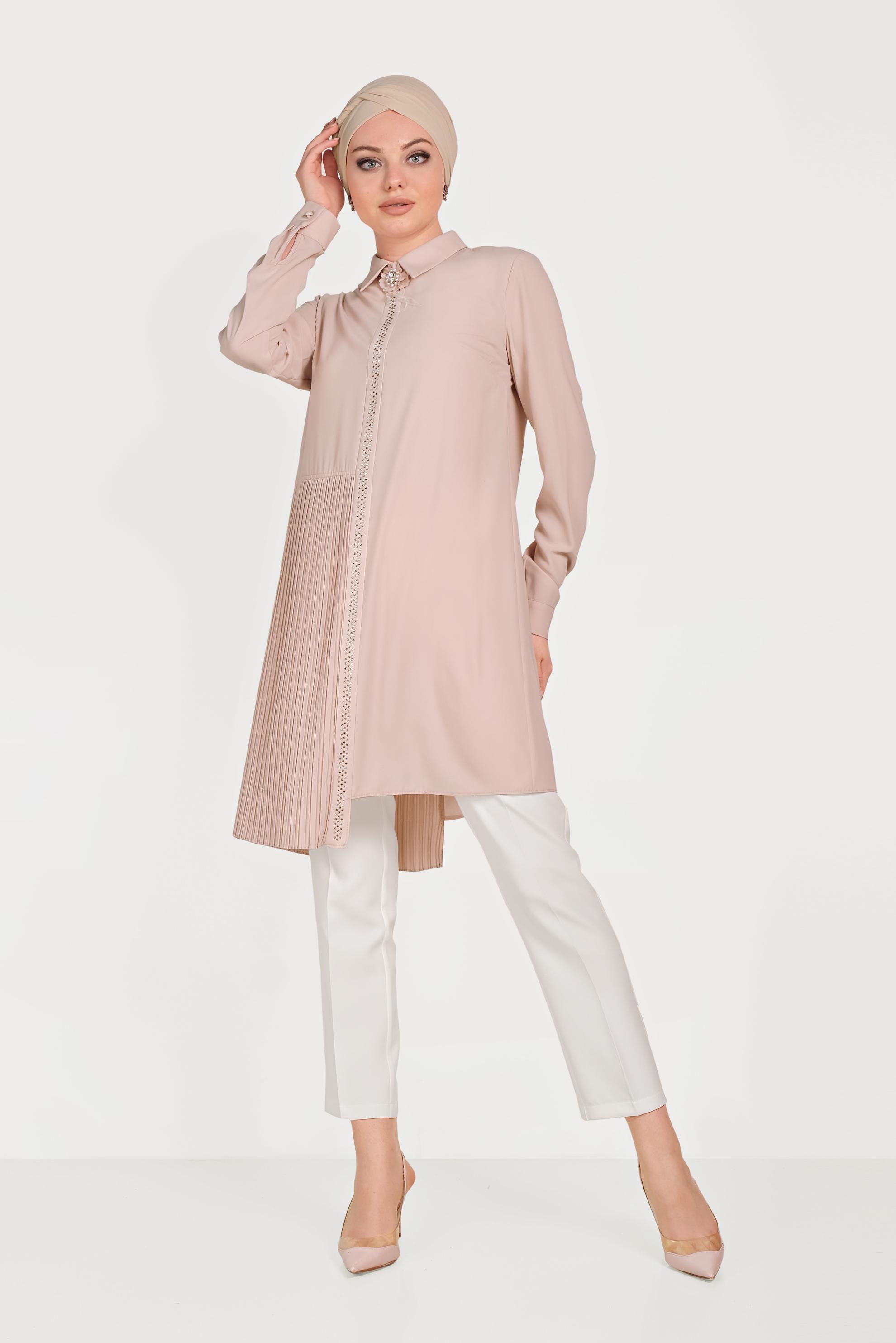 Tesettür giyim PUDRA PİLİSELİ İKİLİ PANTOLONLU TAKIM 30012