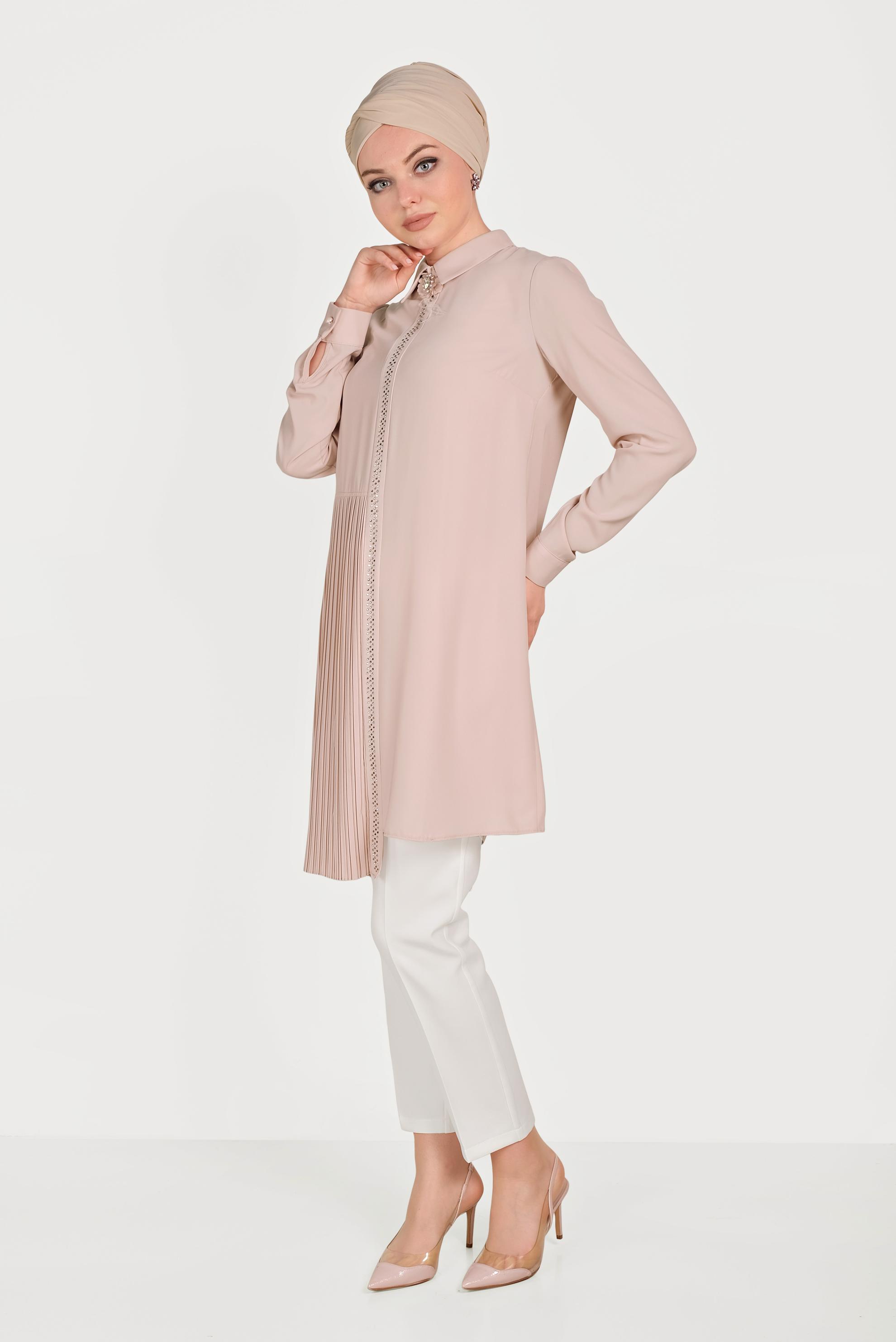 Tesettür giyim PUDRA PİLİSELİ İKİLİ PANTOLONLU TAKIM 30012