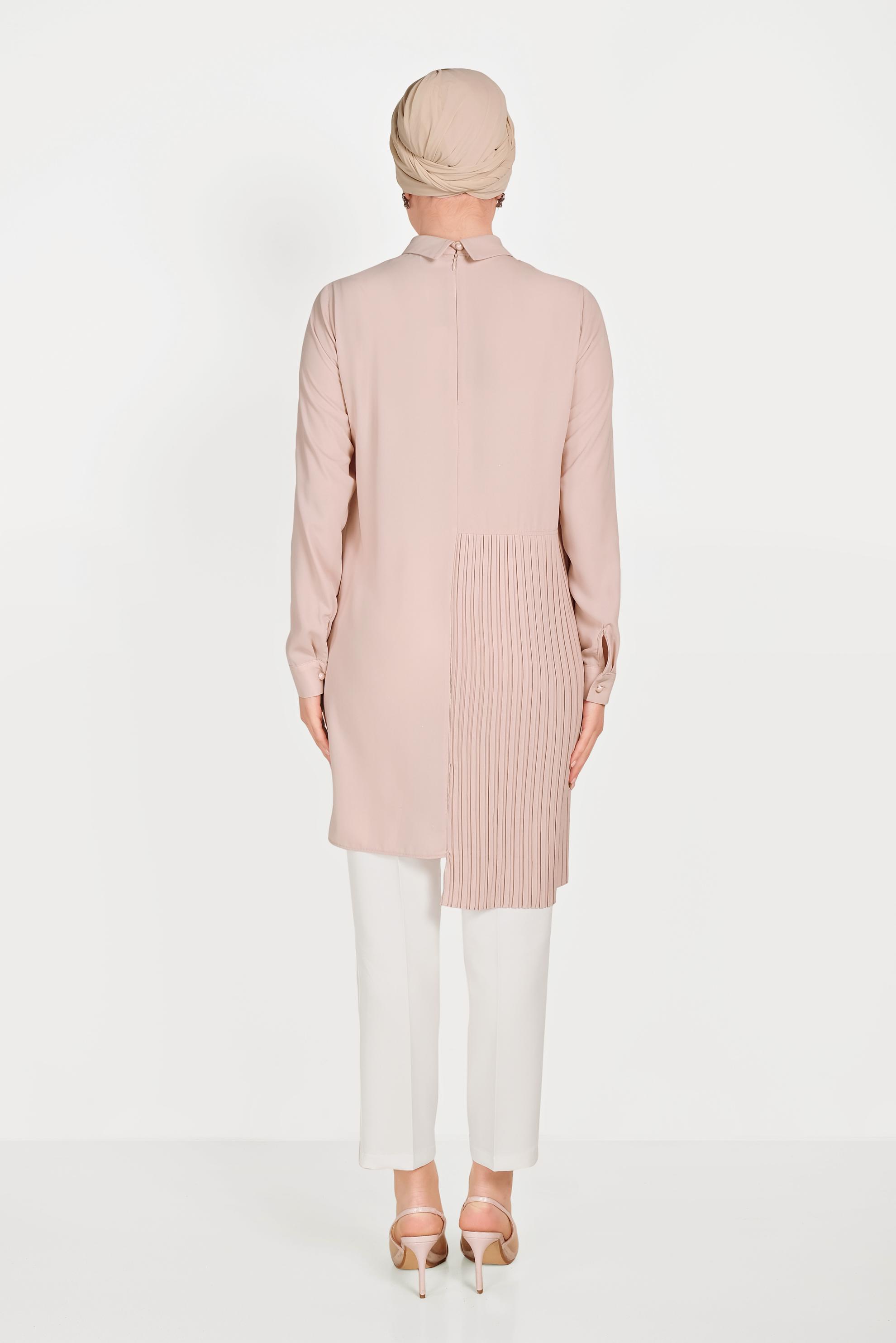 Tesettür giyim PUDRA PİLİSELİ İKİLİ PANTOLONLU TAKIM 30012