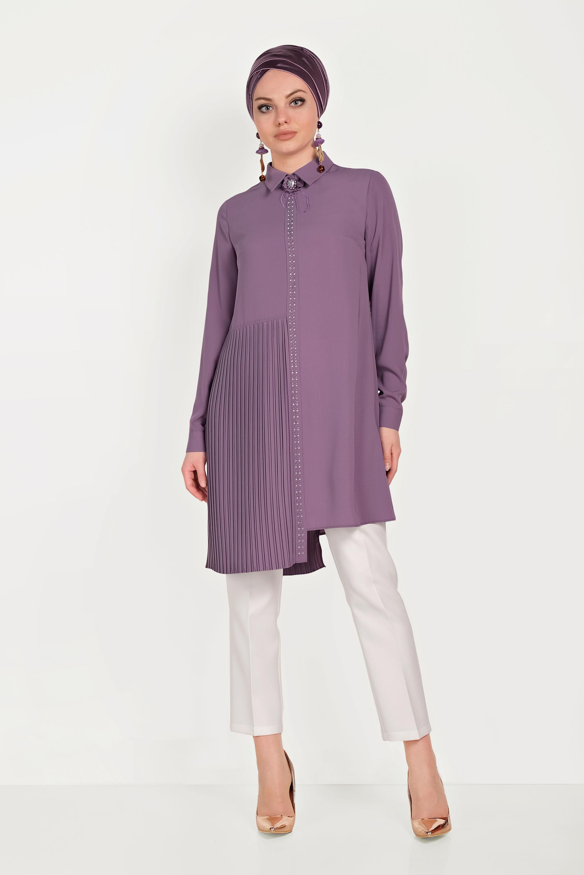 Tesettür giyim MOR PİLİSELİ İKİLİ PANTOLONLU TAKIM 30012