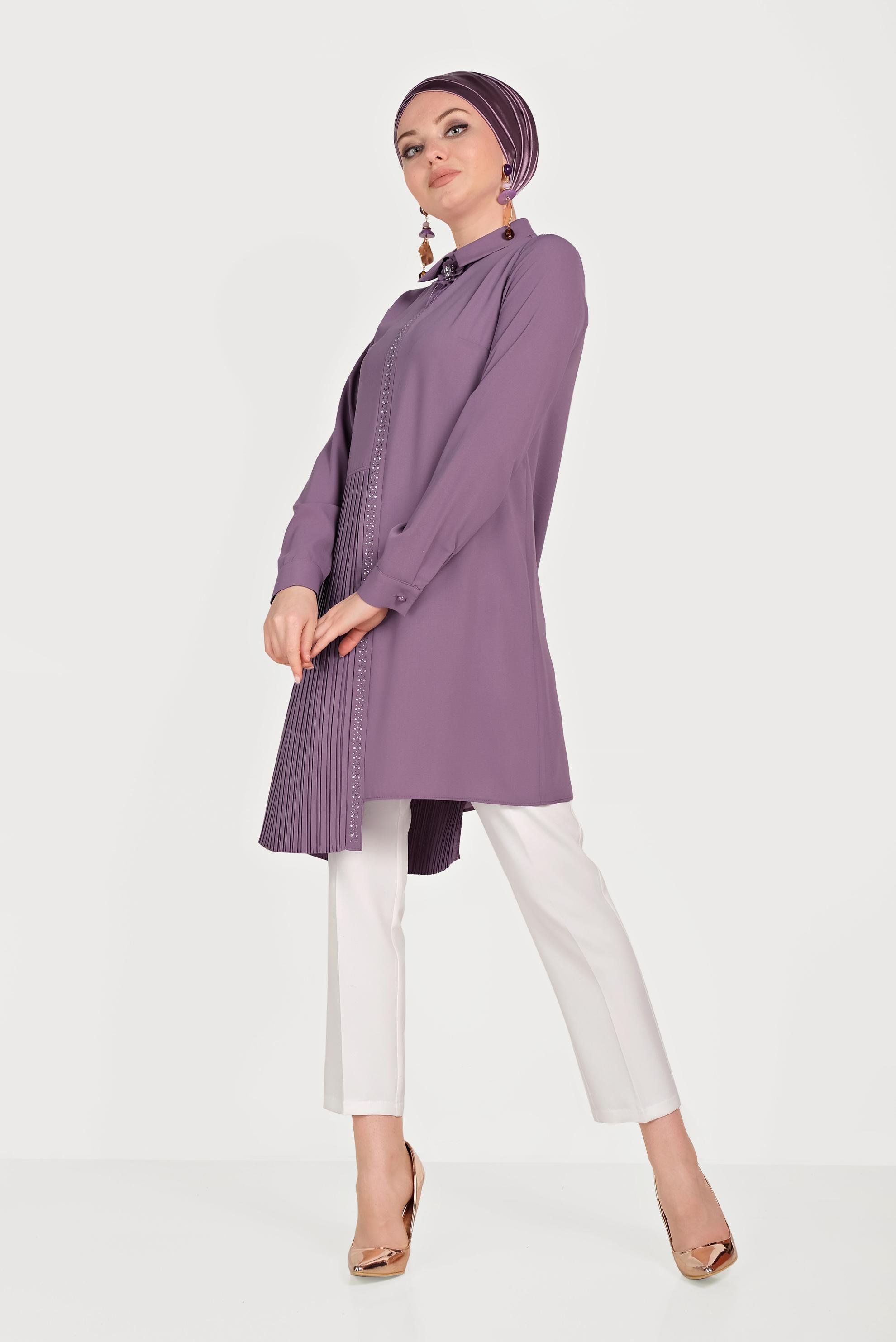 Tesettür giyim MOR PİLİSELİ İKİLİ PANTOLONLU TAKIM 30012