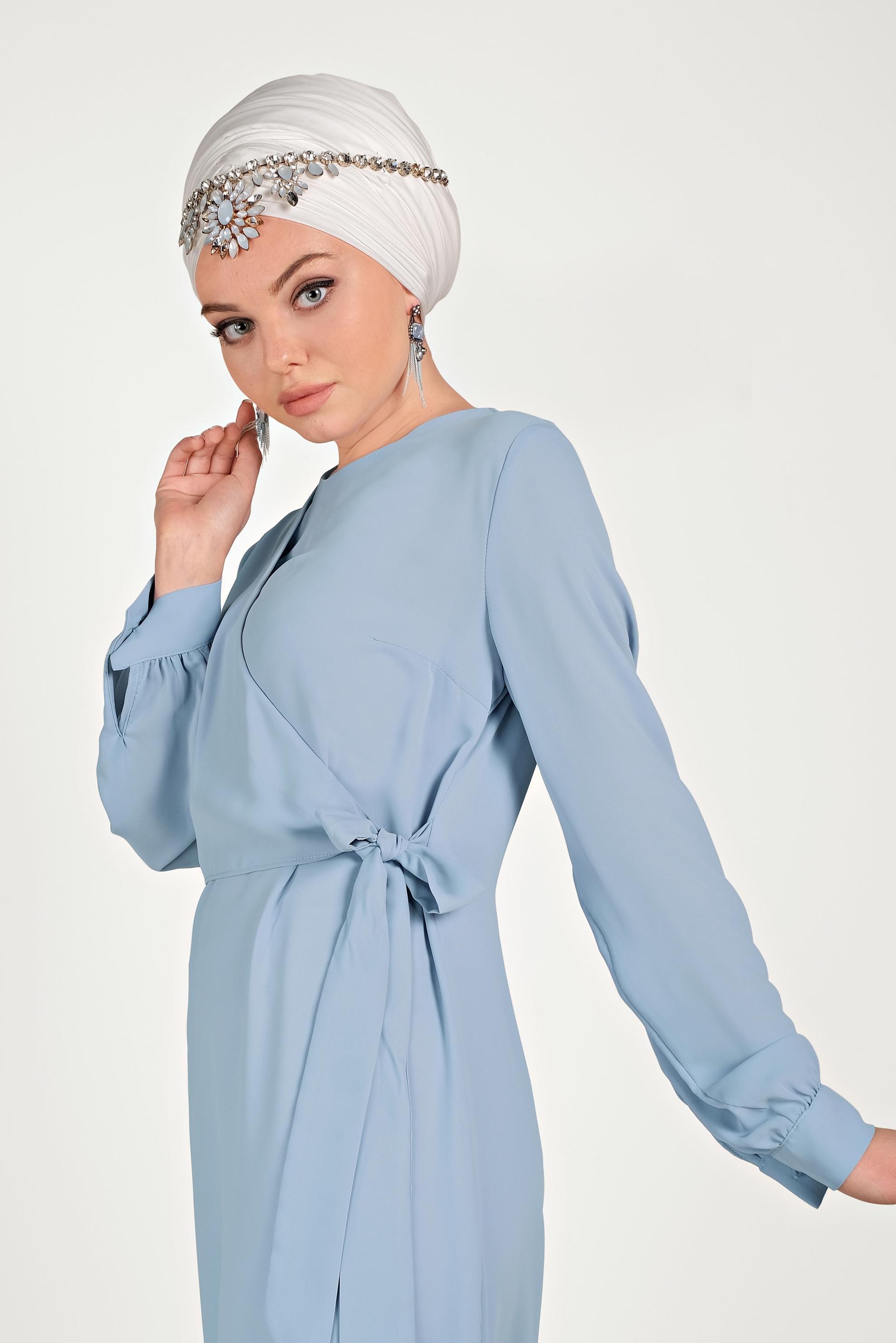 Tesettür giyim MAVİ ASİMETRİK KESİM İKİLİ PANTOLONLU TAKIM 30013