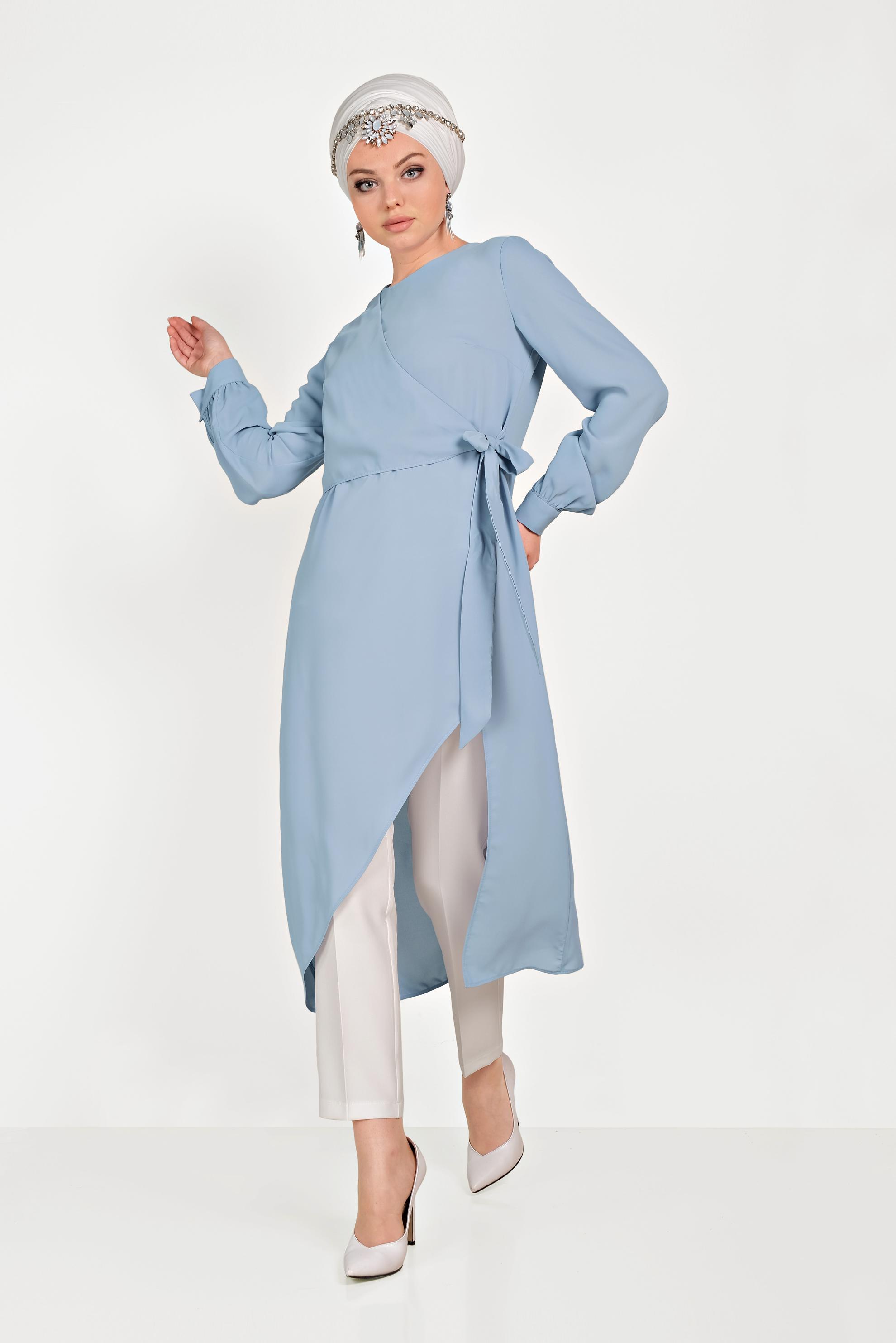 Tesettür giyim MAVİ ASİMETRİK KESİM İKİLİ PANTOLONLU TAKIM 30013