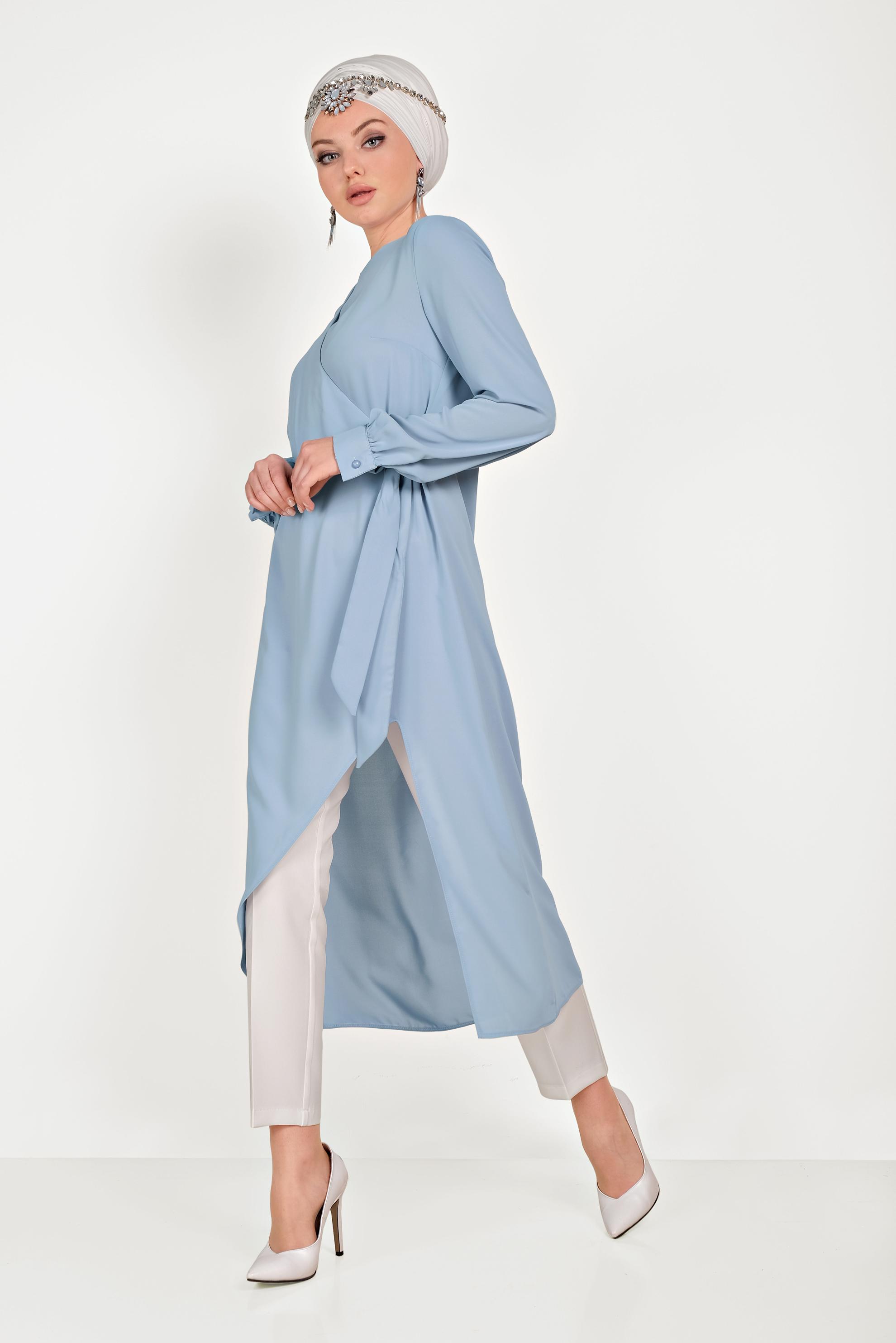 Tesettür giyim MAVİ ASİMETRİK KESİM İKİLİ PANTOLONLU TAKIM 30013