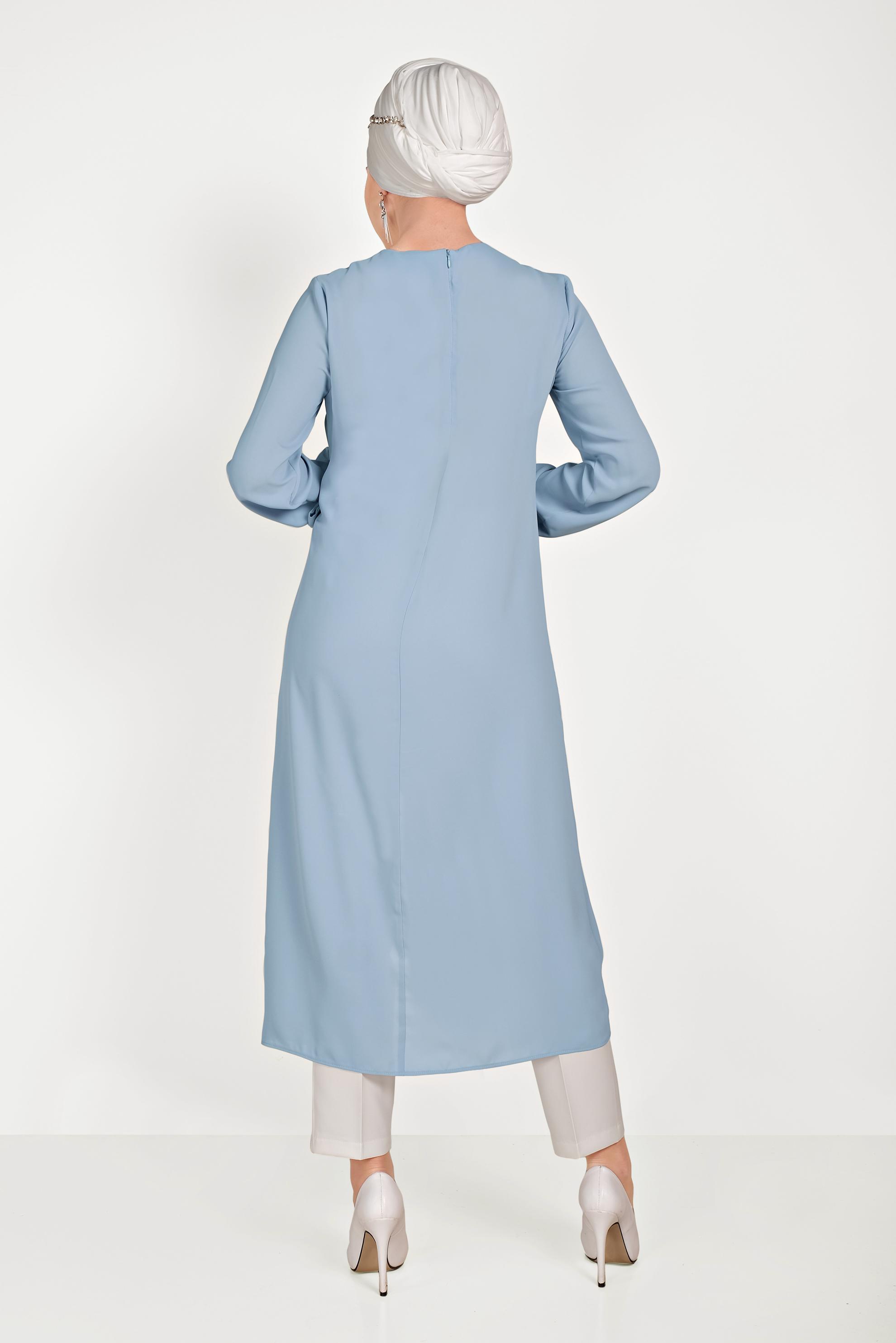 Tesettür giyim MAVİ ASİMETRİK KESİM İKİLİ PANTOLONLU TAKIM 30013