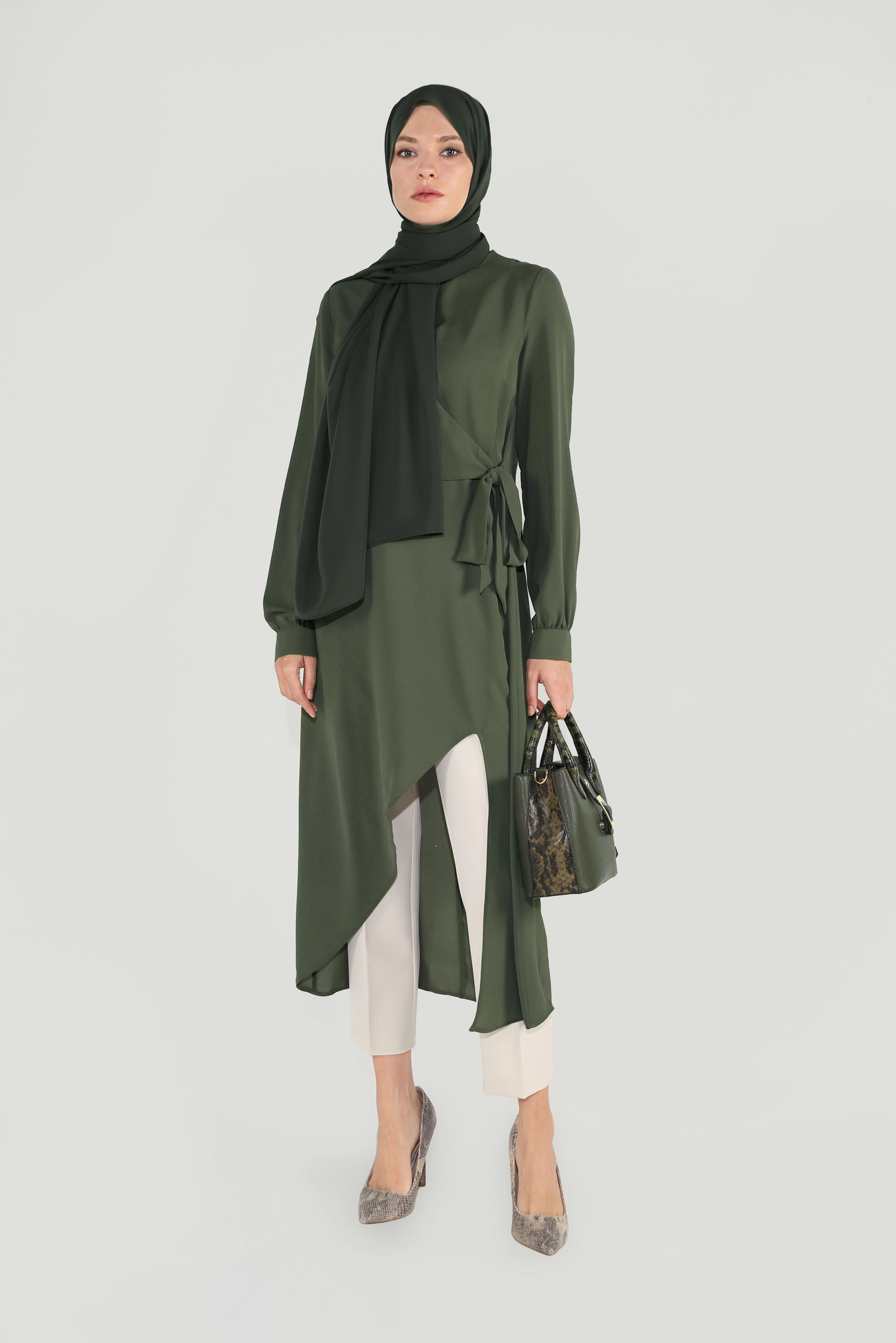 Tesettür giyim HAKİ ASİMETRİK KESİM İKİLİ PANTOLONLU TAKIM 30013