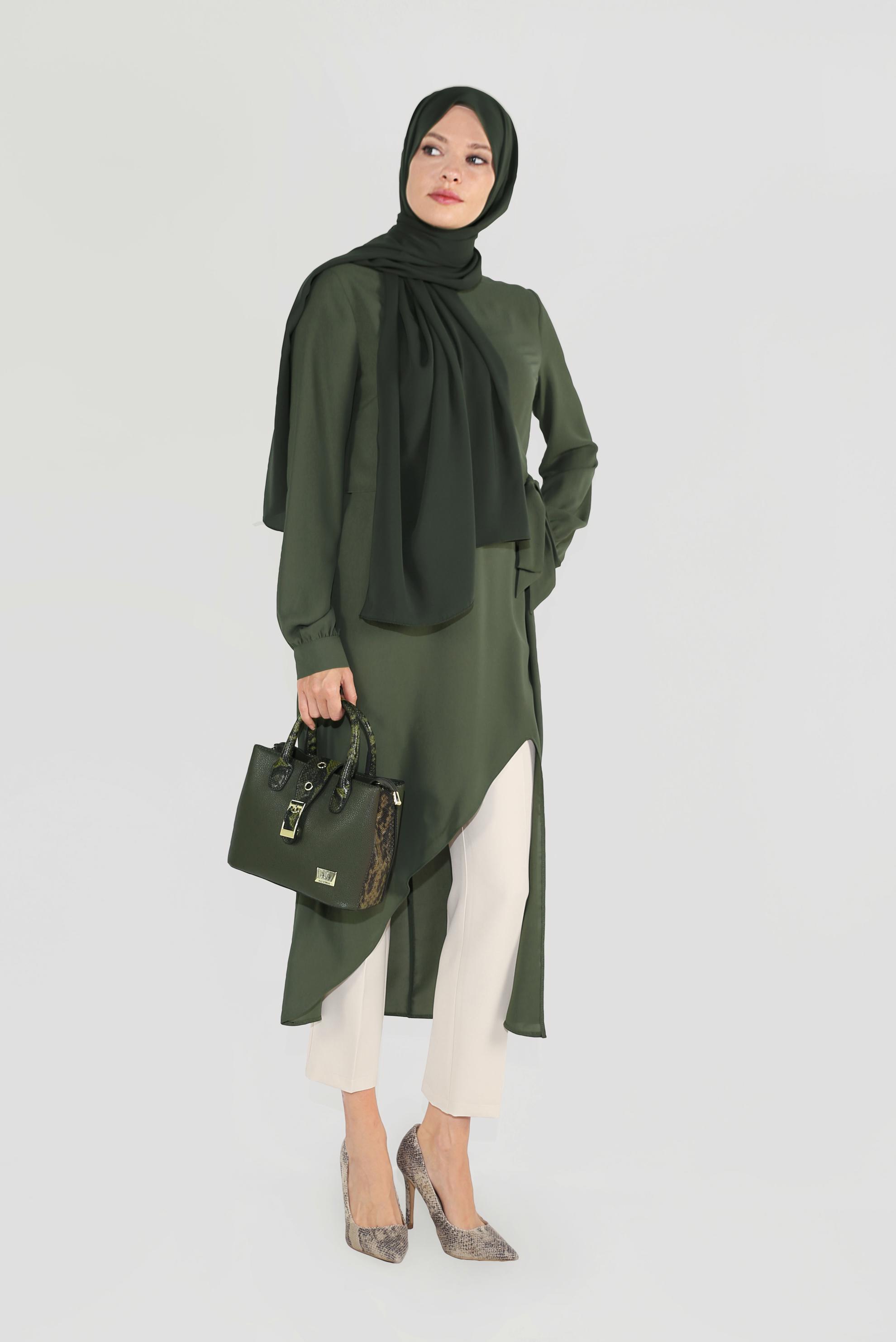 Tesettür giyim HAKİ ASİMETRİK KESİM İKİLİ PANTOLONLU TAKIM 30013