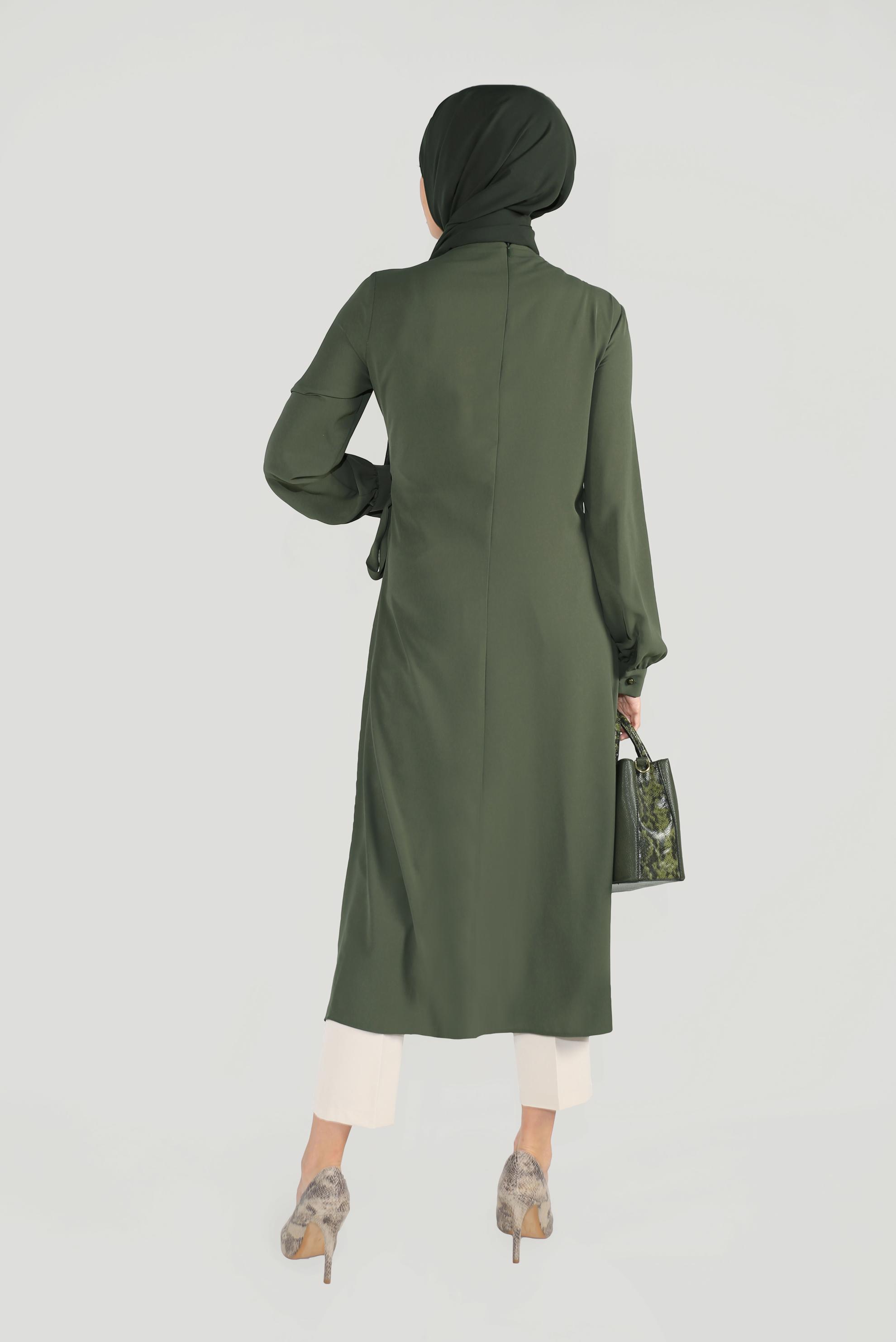 Tesettür giyim HAKİ ASİMETRİK KESİM İKİLİ PANTOLONLU TAKIM 30013