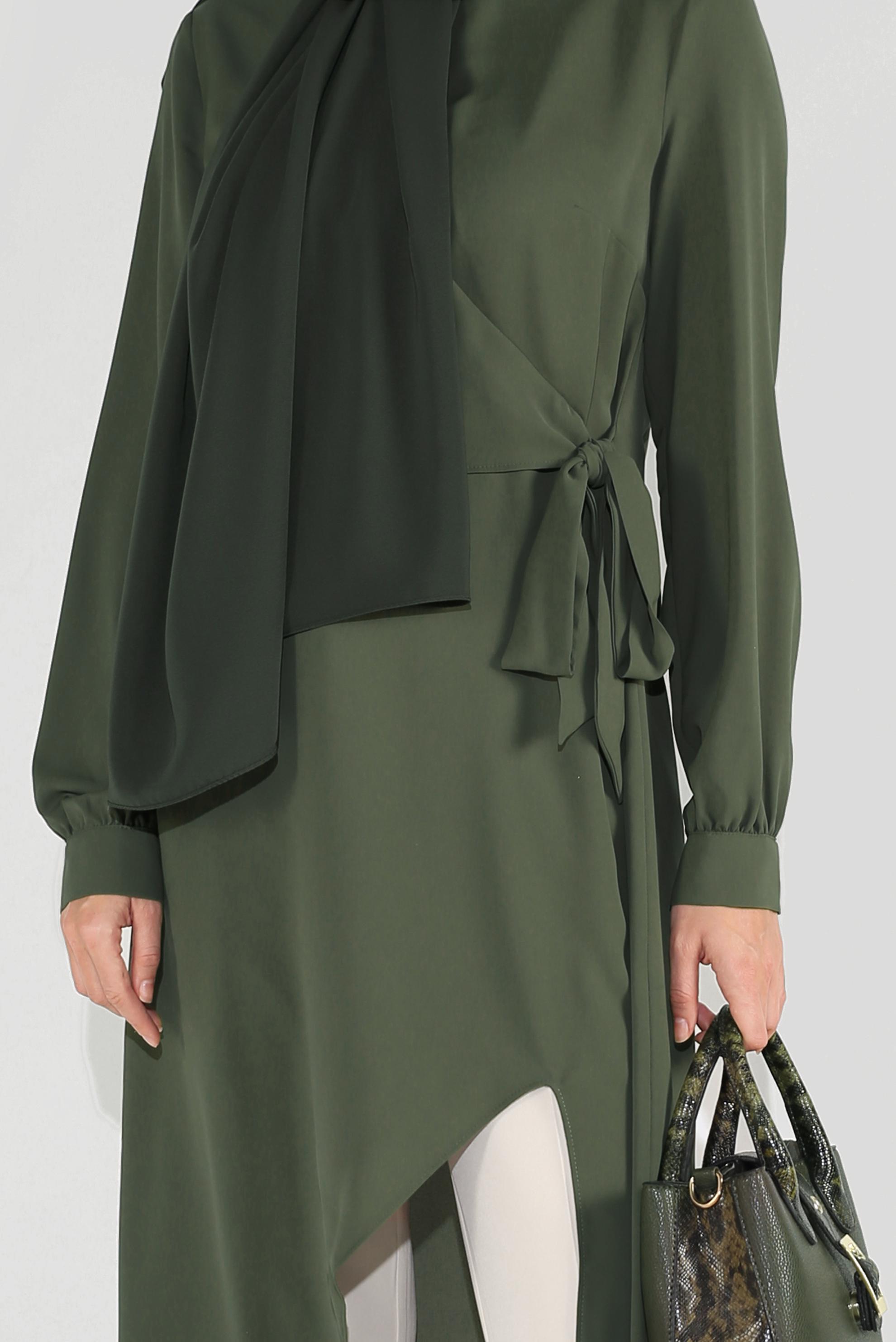 Tesettür giyim HAKİ ASİMETRİK KESİM İKİLİ PANTOLONLU TAKIM 30013