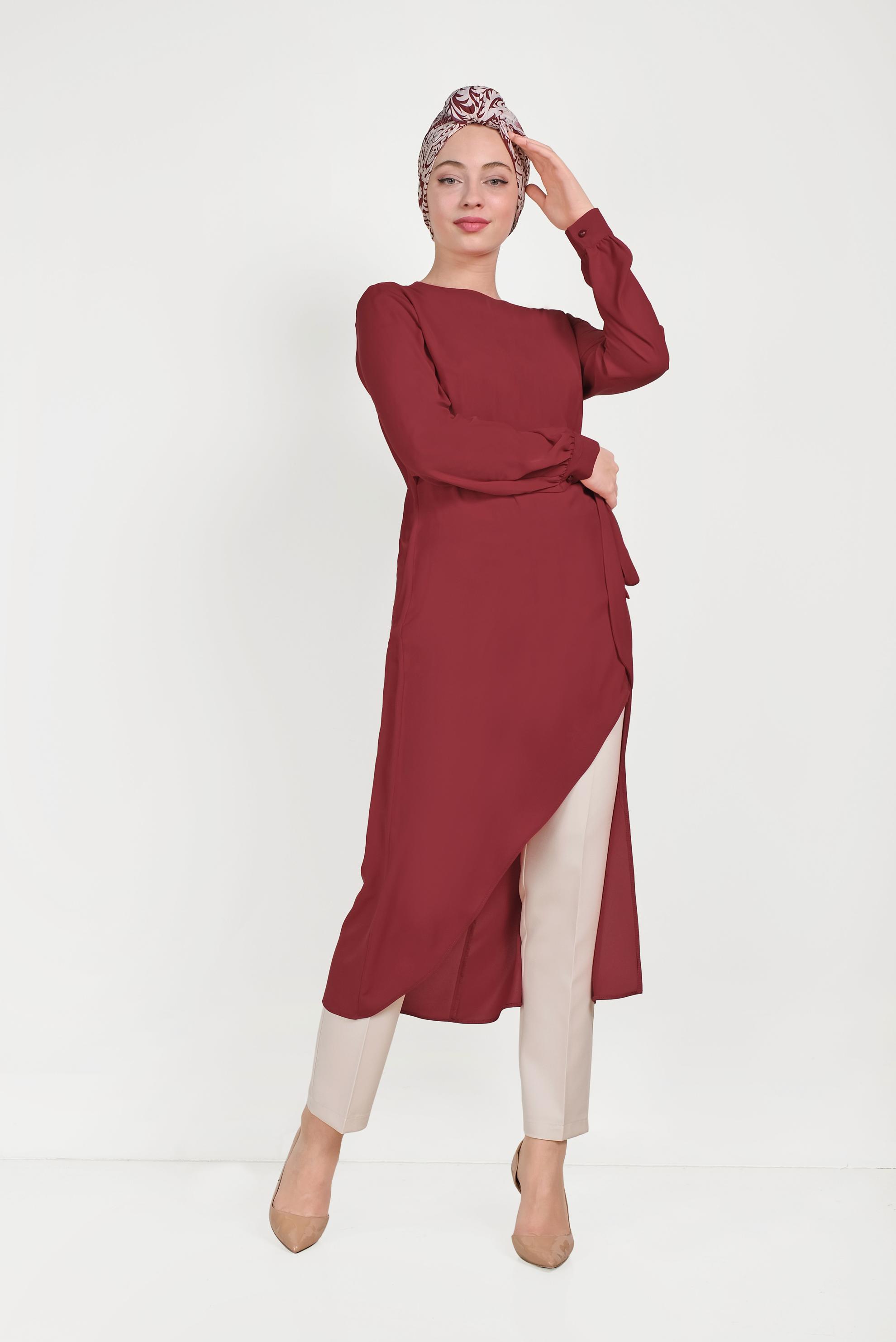 Tesettür giyim BORDO ASİMETRİK KESİM İKİLİ PANTOLONLU TAKIM 30013