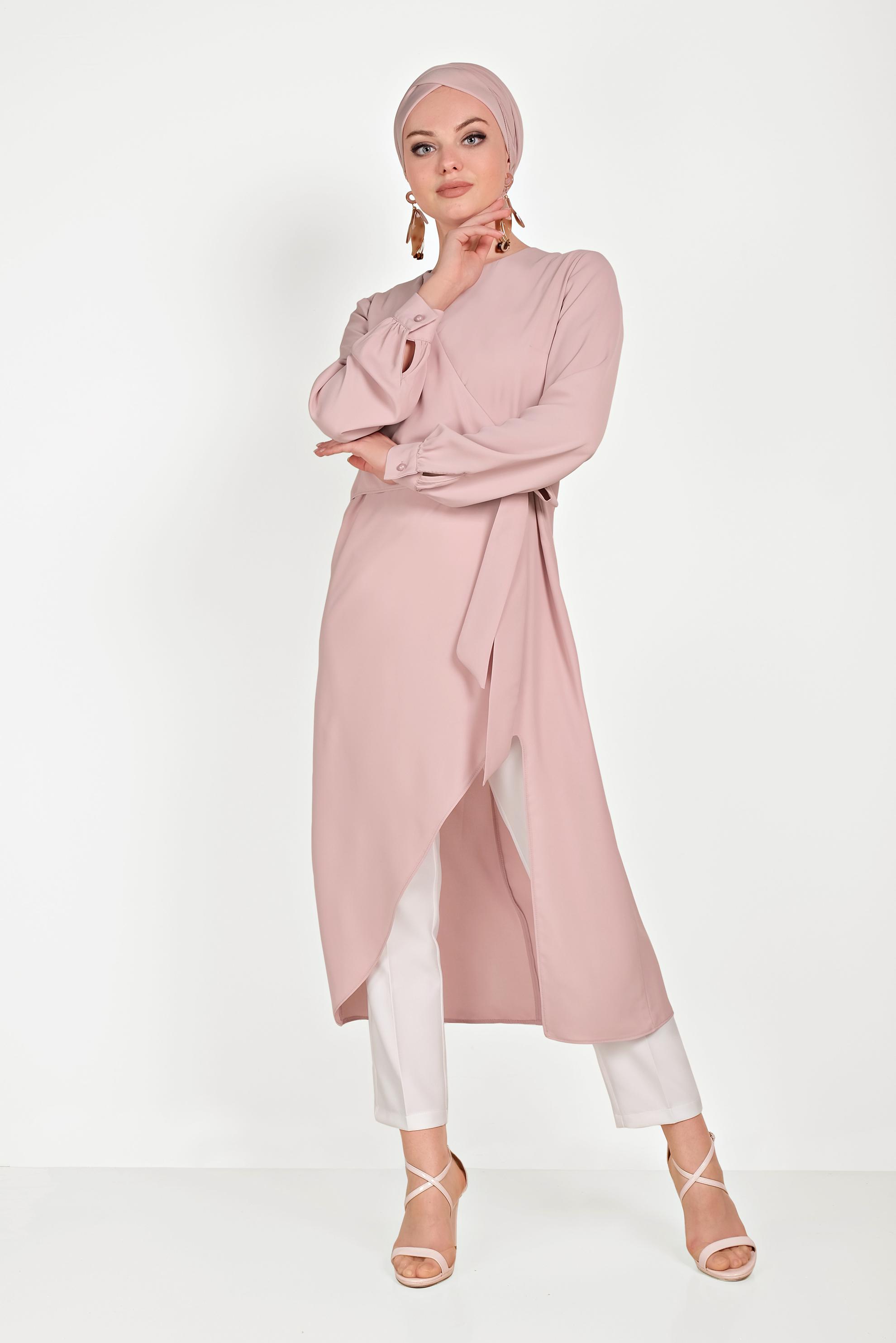 Tesettür giyim PUDRA ASİMETRİK KESİM İKİLİ PANTOLONLU TAKIM 30013