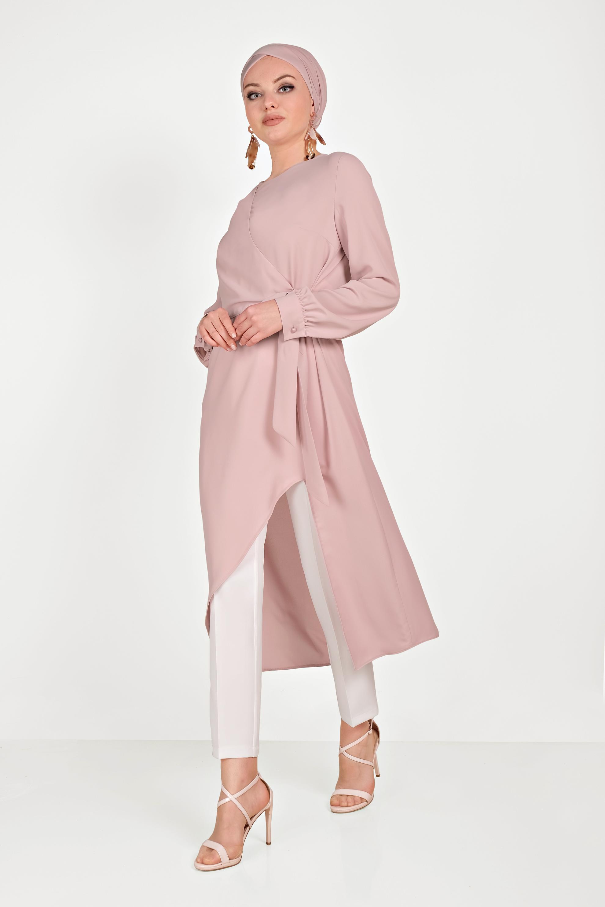 Tesettür giyim PUDRA ASİMETRİK KESİM İKİLİ PANTOLONLU TAKIM 30013