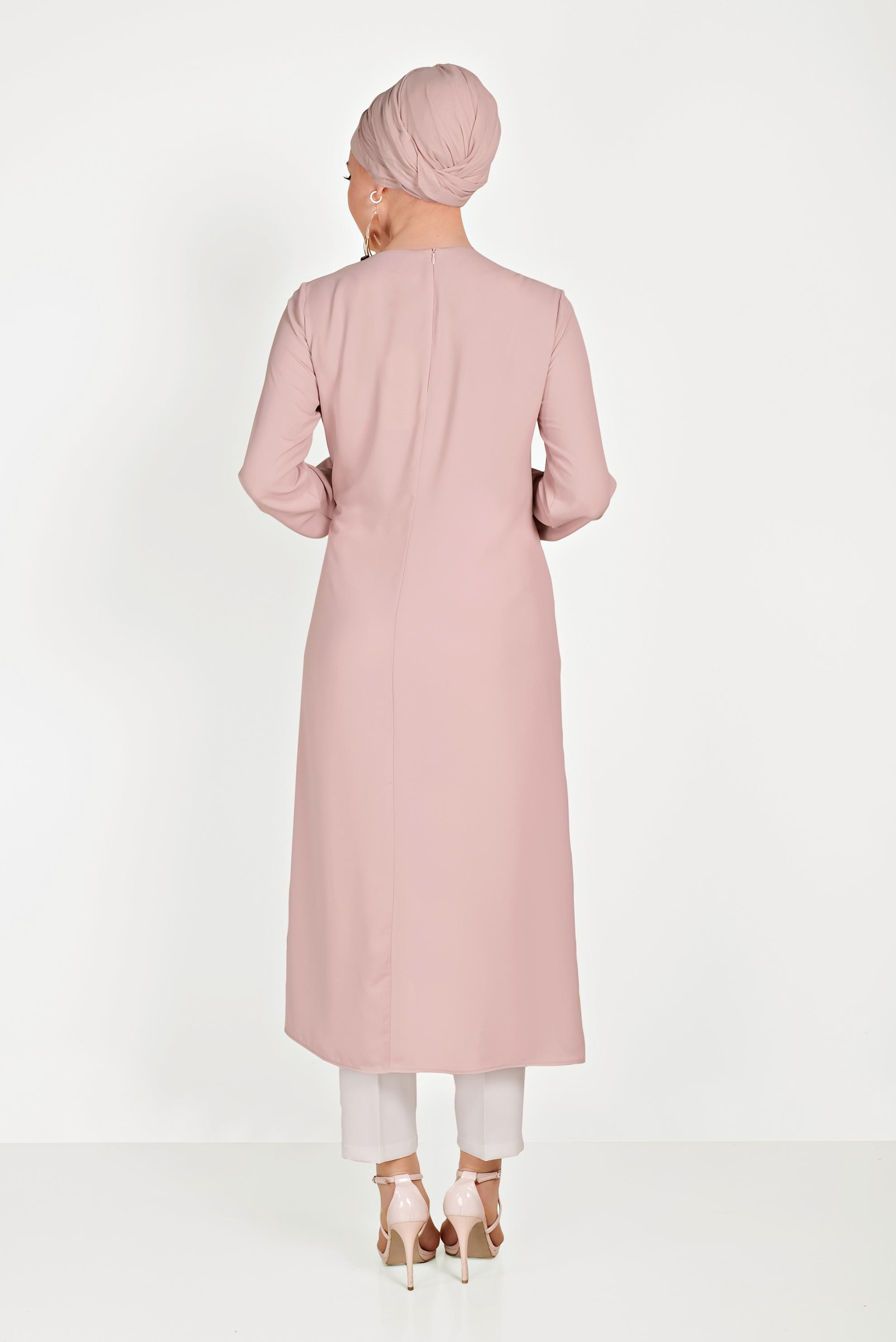 Tesettür giyim PUDRA ASİMETRİK KESİM İKİLİ PANTOLONLU TAKIM 30013