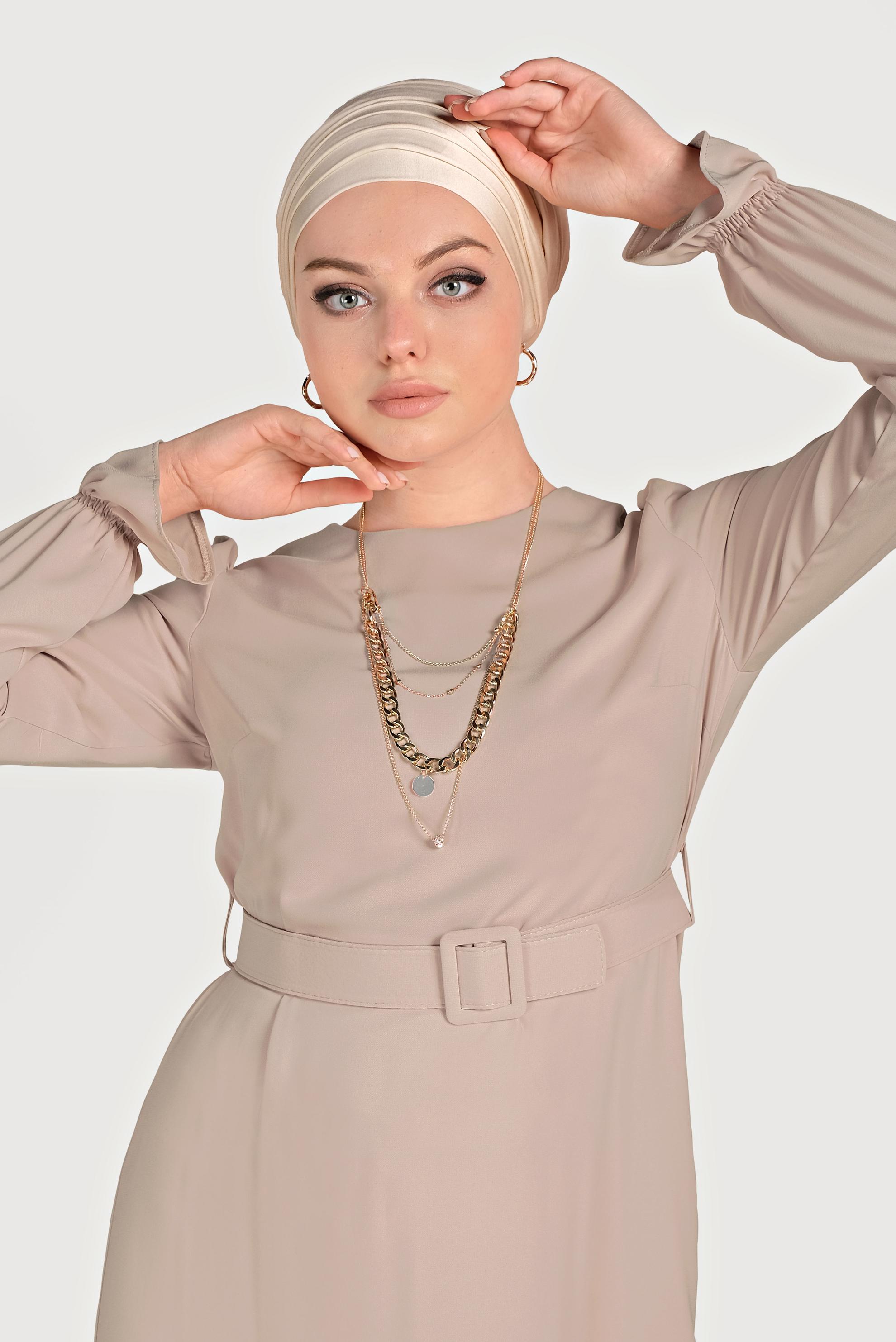 Tesettür giyim PUDRA ASİMETRİK KESİM İKİLİ PANTOLONLU TAKIM 30014