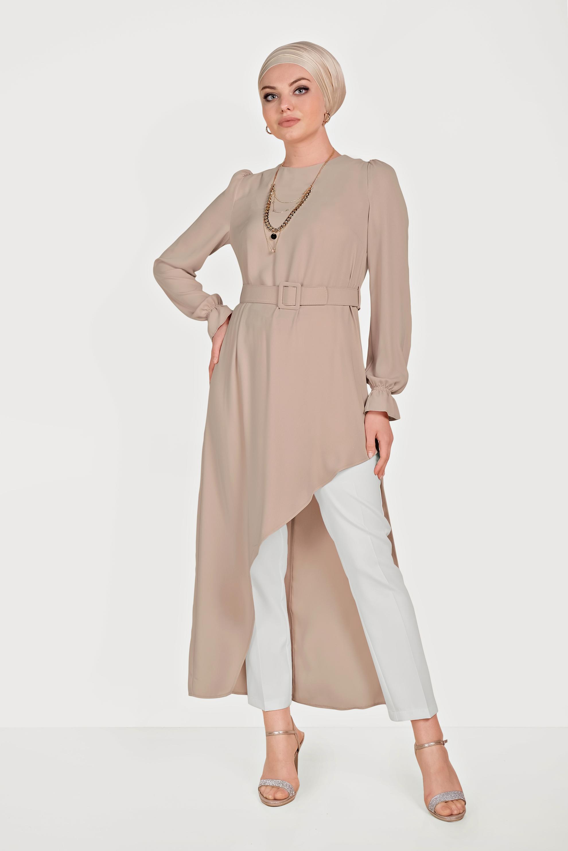 Tesettür giyim PUDRA ASİMETRİK KESİM İKİLİ PANTOLONLU TAKIM 30014