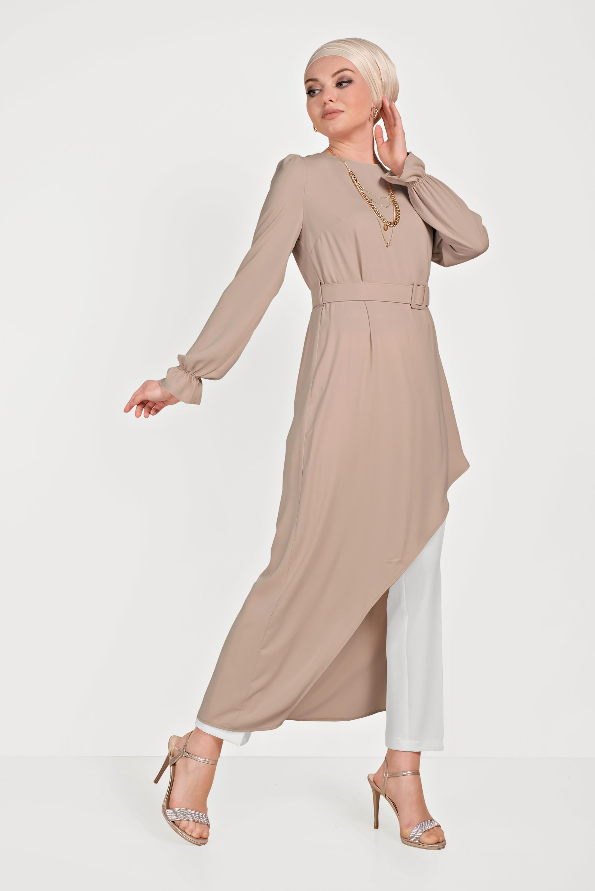 Tesettür giyim PUDRA ASİMETRİK KESİM İKİLİ PANTOLONLU TAKIM 30014