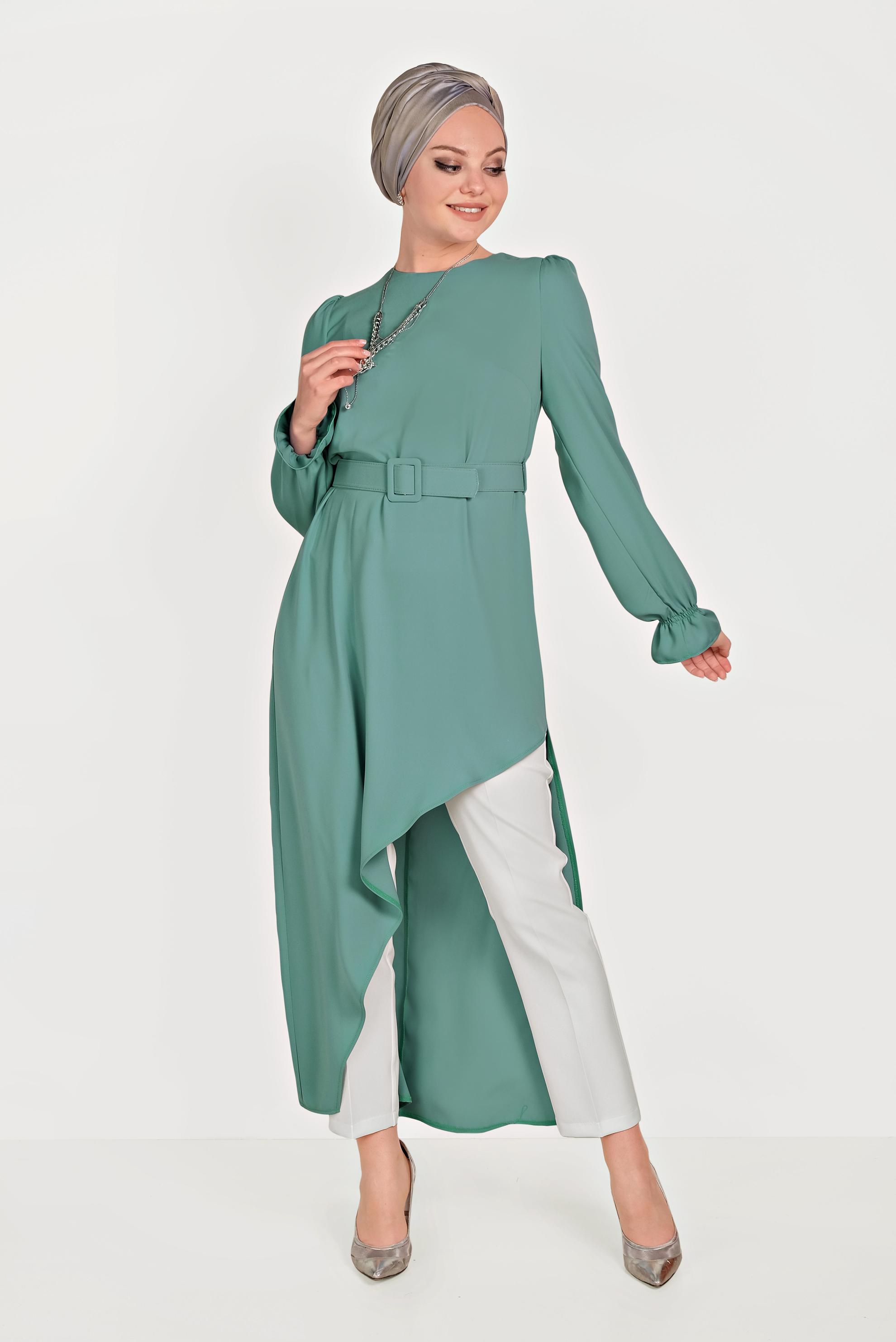 Tesettür giyim MAVİ ASİMETRİK KESİM İKİLİ PANTOLONLU TAKIM 30014