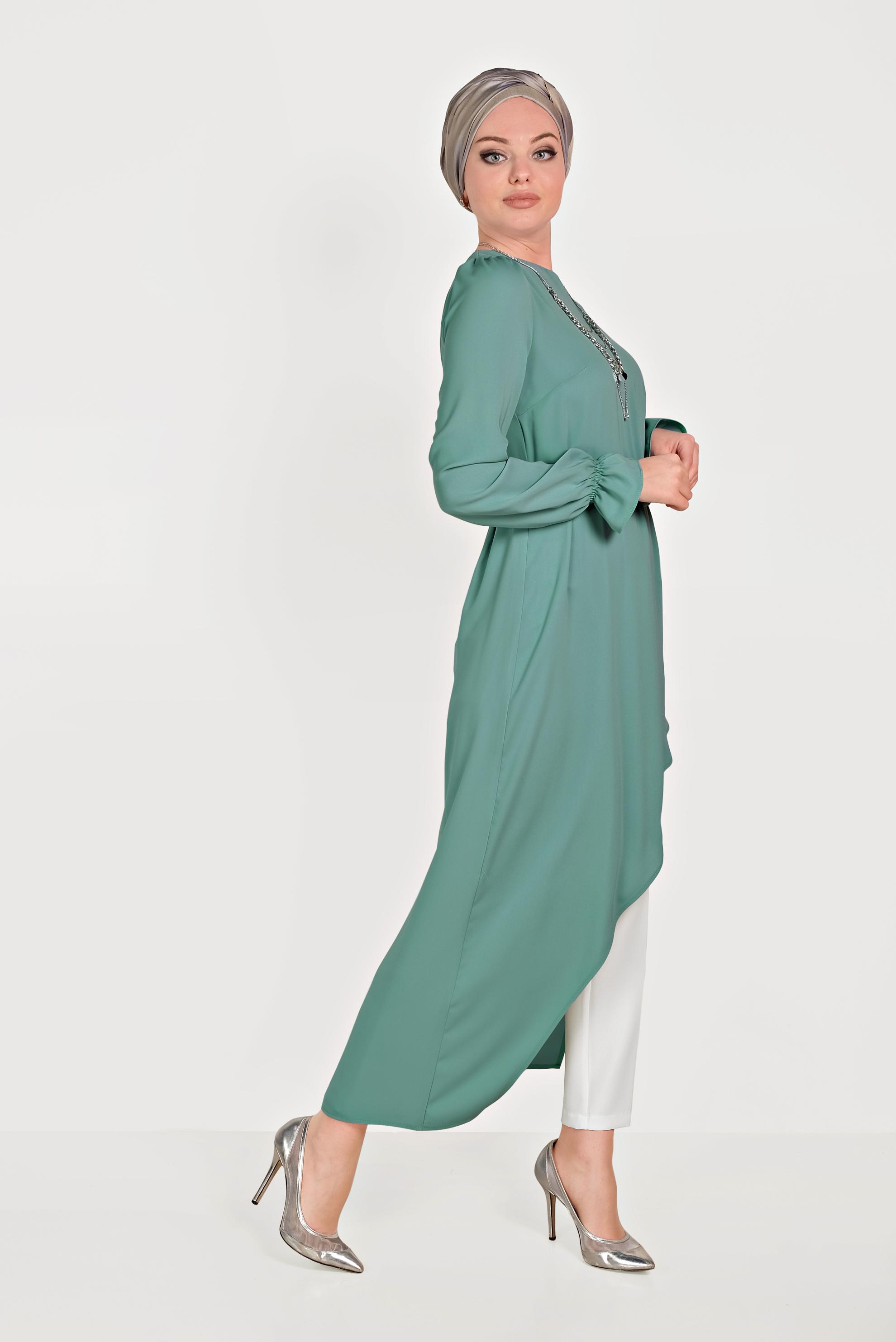 Tesettür giyim MAVİ ASİMETRİK KESİM İKİLİ PANTOLONLU TAKIM 30014