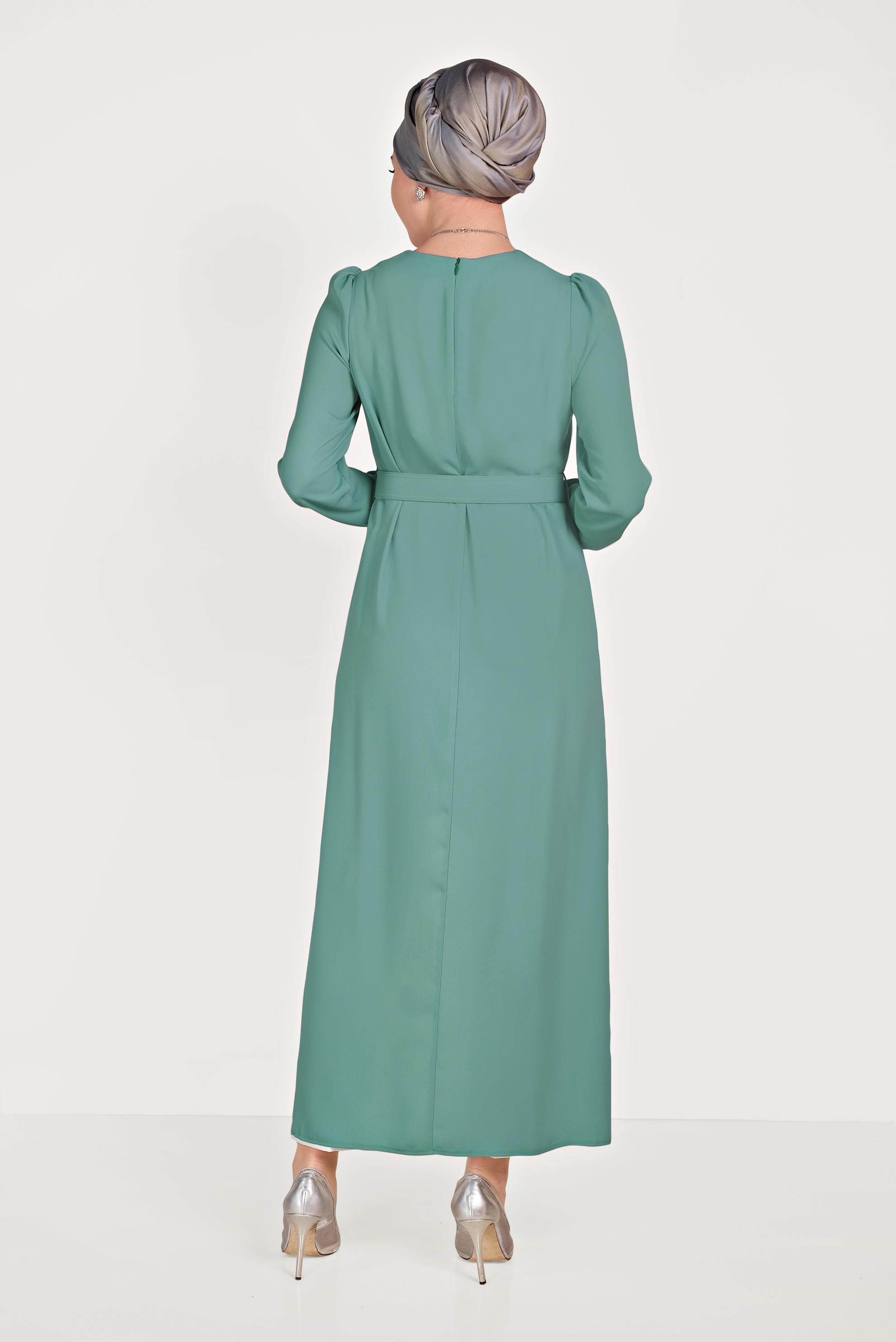 Tesettür giyim MAVİ ASİMETRİK KESİM İKİLİ PANTOLONLU TAKIM 30014