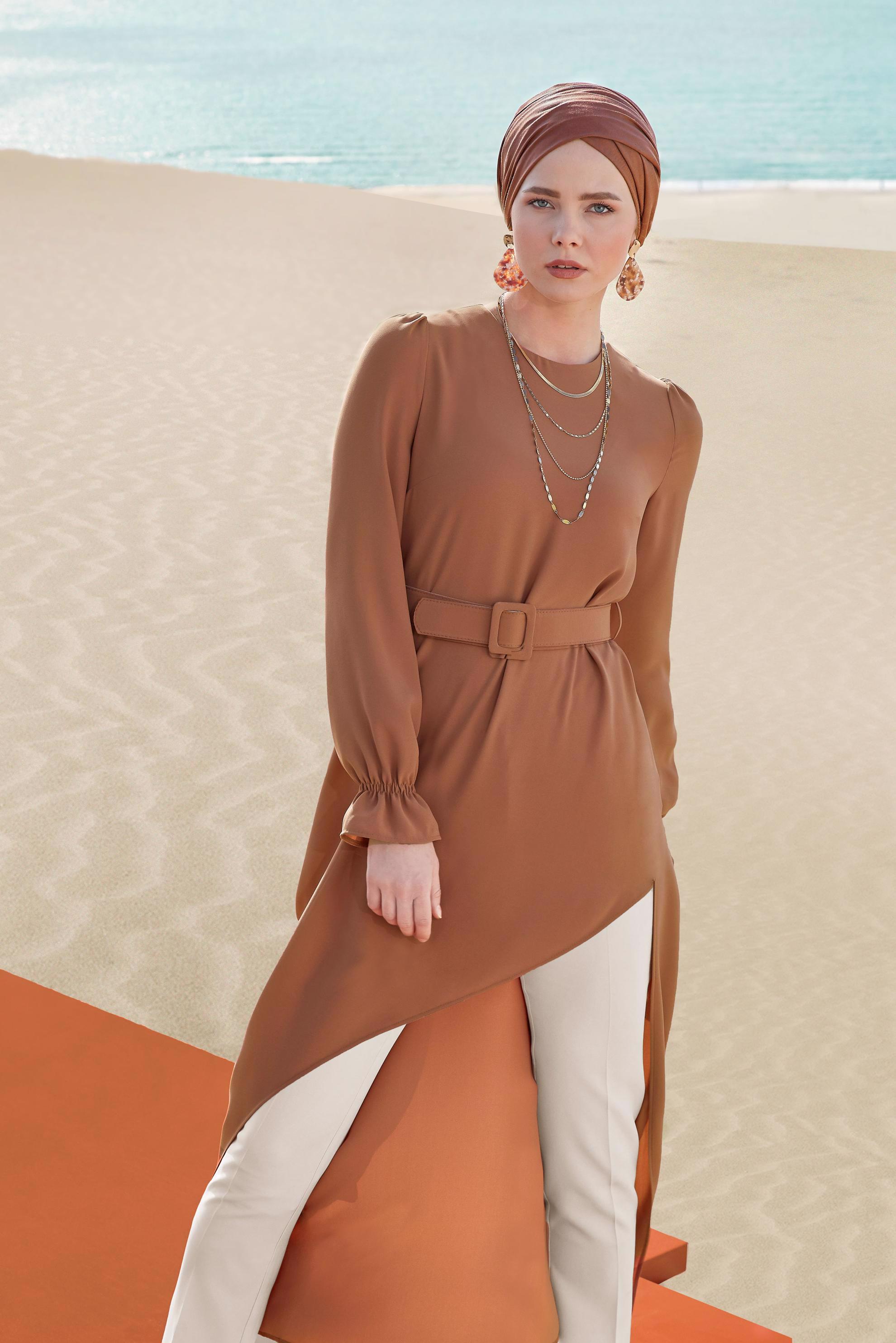 Tesettür giyim KAHVE ASİMETRİK KESİM İKİLİ PANTOLONLU TAKIM 30014