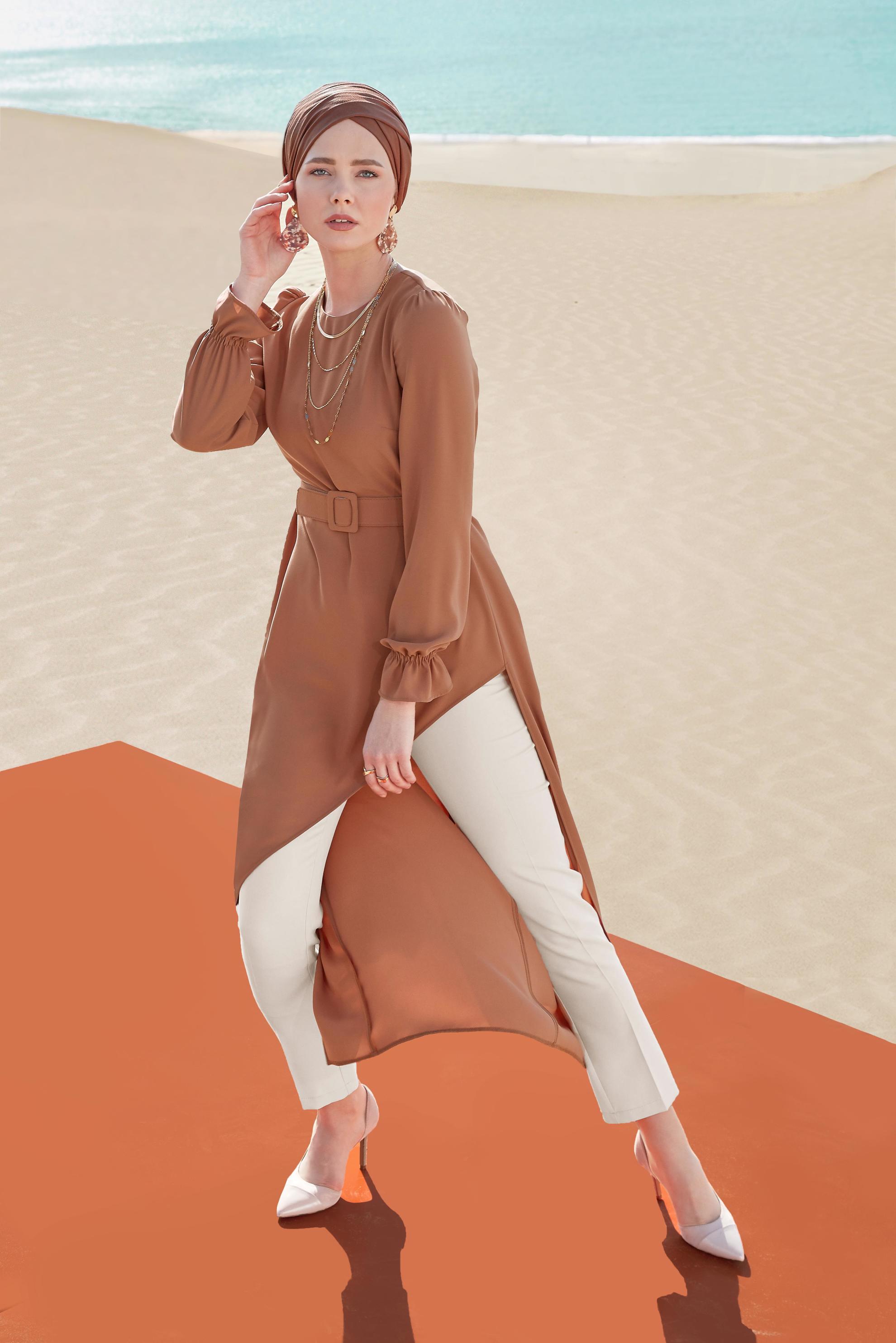 Tesettür giyim KAHVE ASİMETRİK KESİM İKİLİ PANTOLONLU TAKIM 30014