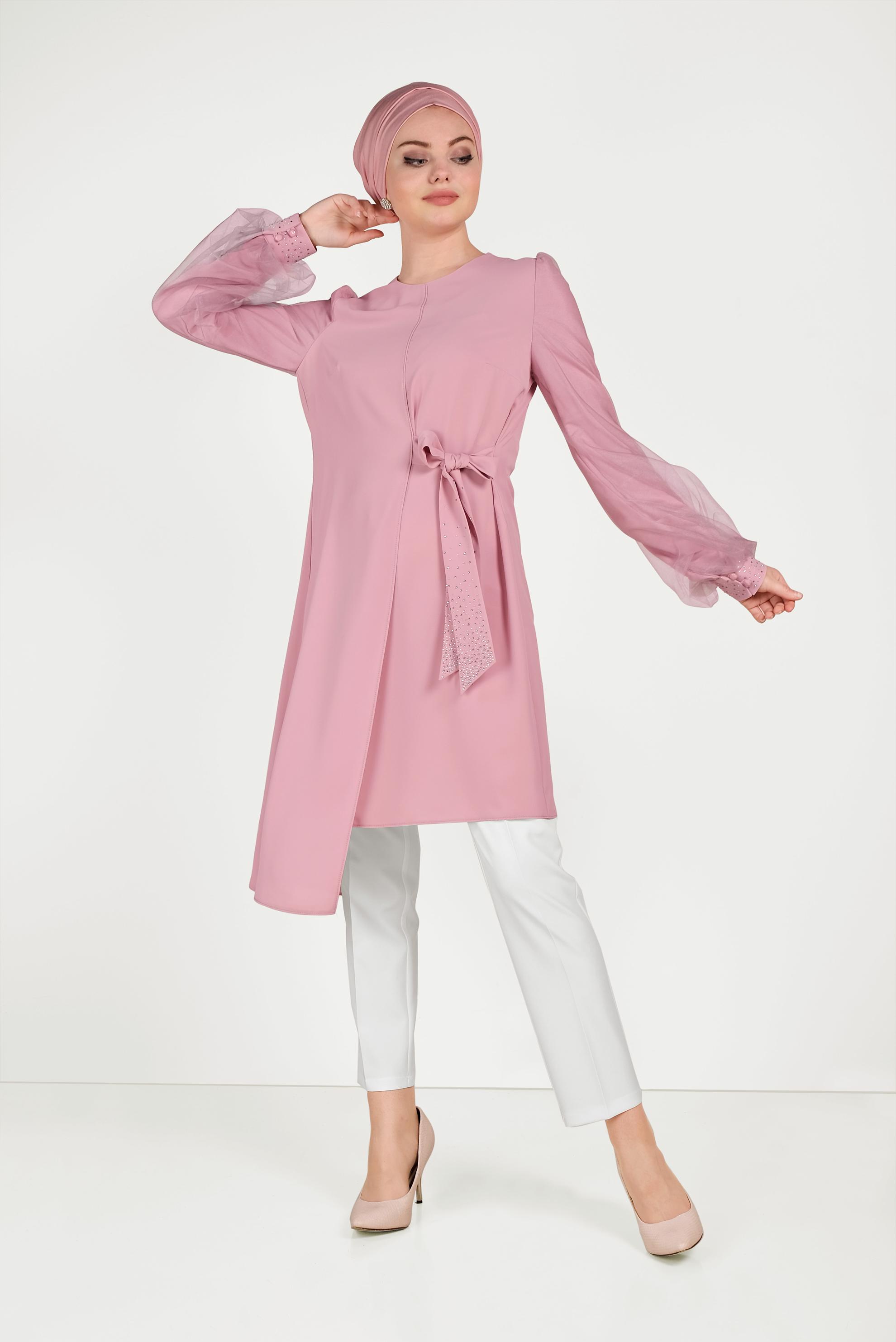 Tesettür giyim PUDRA YANDAN BAĞLAMALI ASİMETRİK PANTOLONLU TAKIM 30015