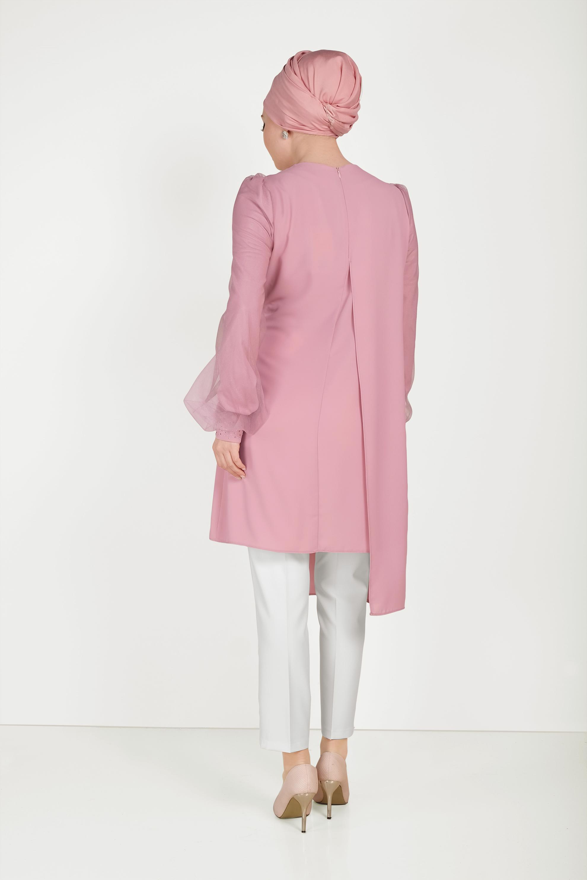 Tesettür giyim PUDRA YANDAN BAĞLAMALI ASİMETRİK PANTOLONLU TAKIM 30015