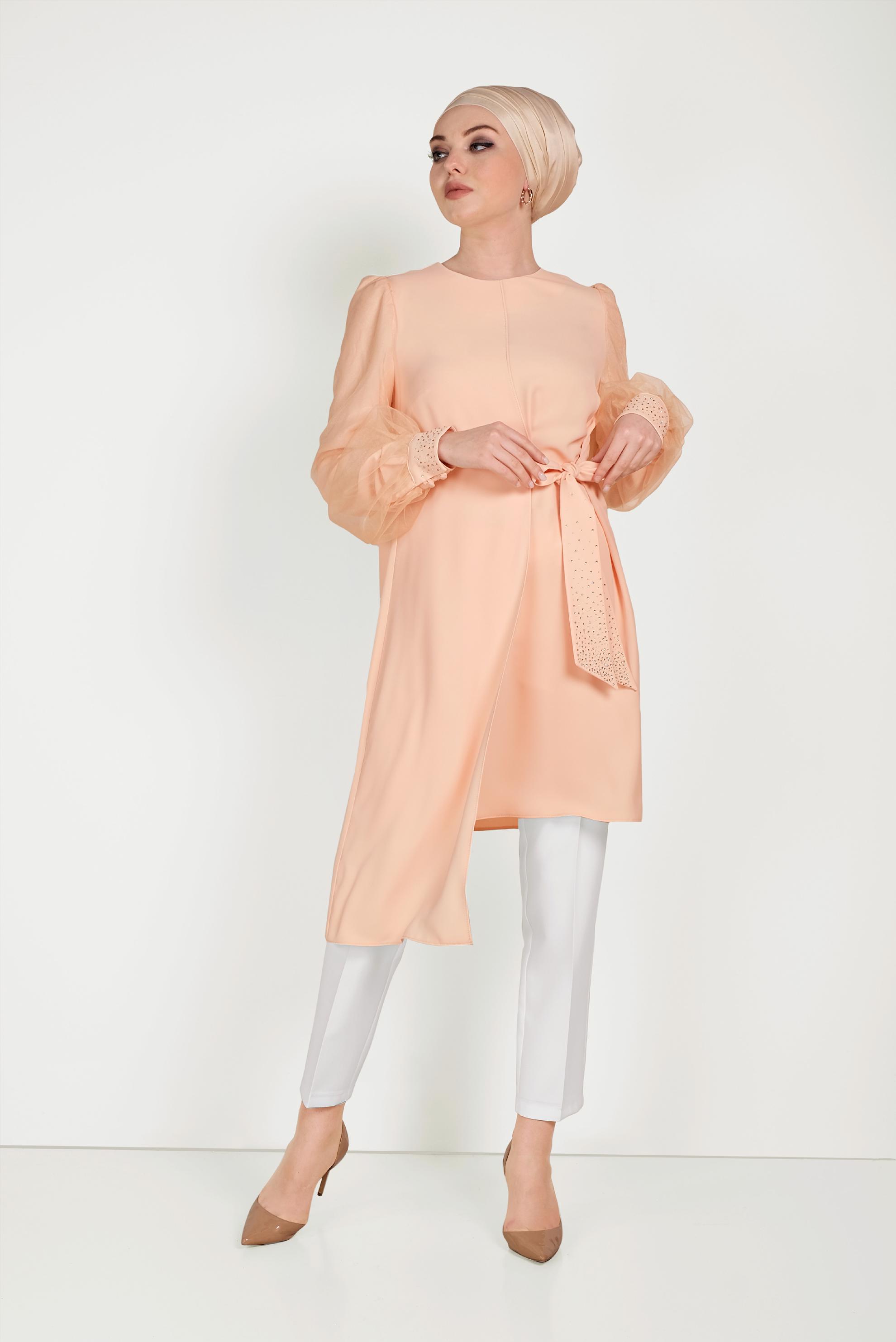 Tesettür giyim PEMBE YANDAN BAĞLAMALI ASİMETRİK PANTOLONLU TAKIM 30015