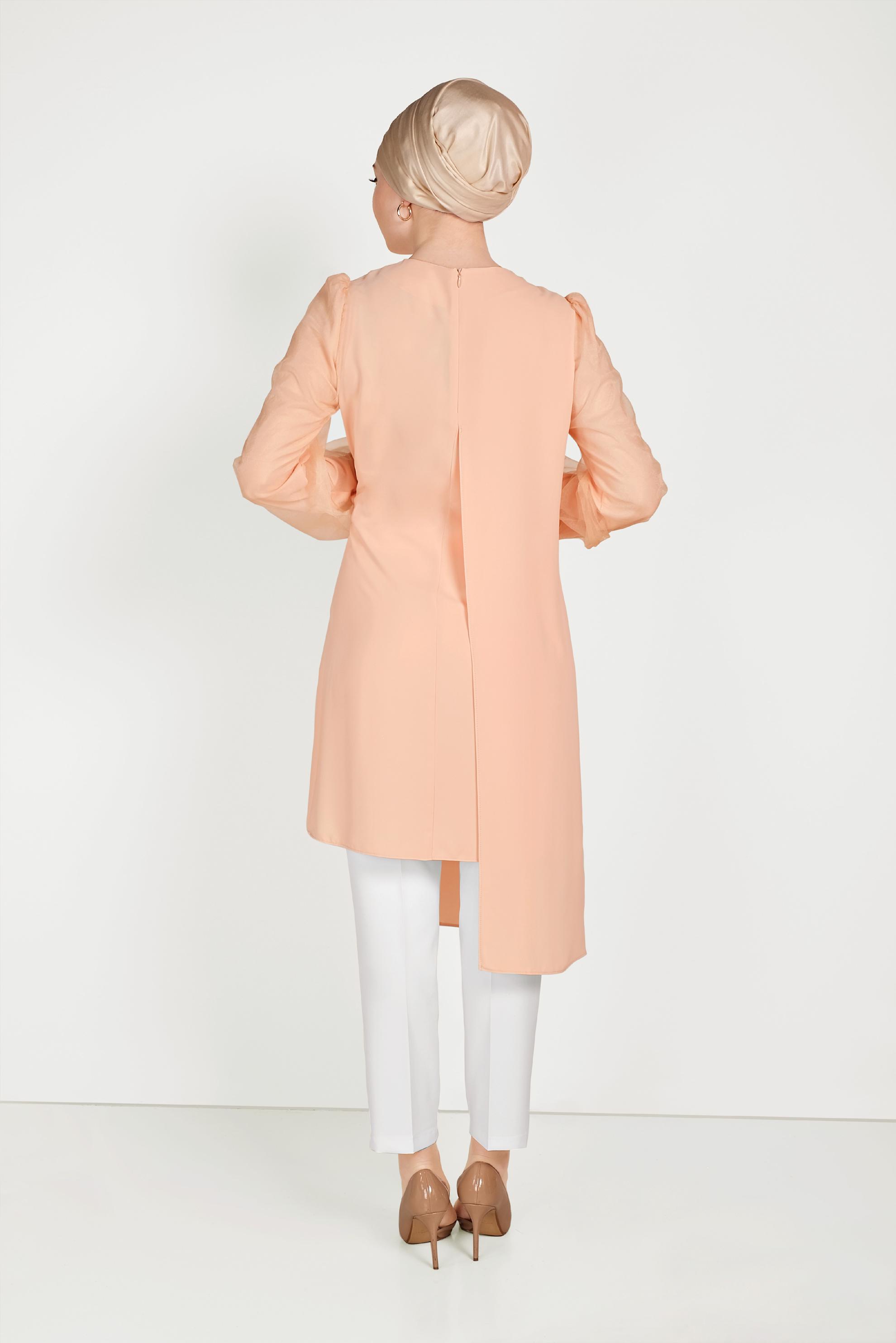 Tesettür giyim PEMBE YANDAN BAĞLAMALI ASİMETRİK PANTOLONLU TAKIM 30015