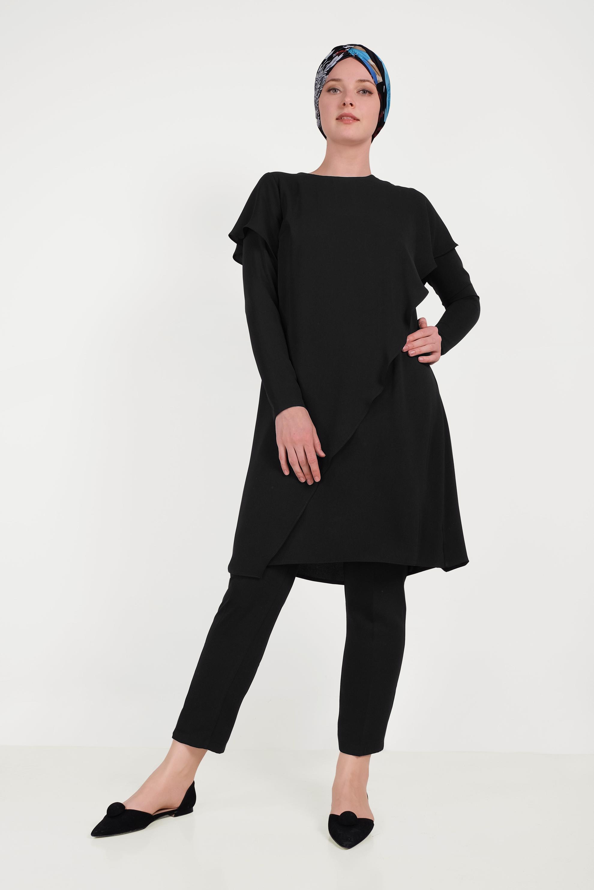Hijab clothing BLACK ASYMMETRIC FRILLED 2-PIECE SUIT WITH PANTS 30017 