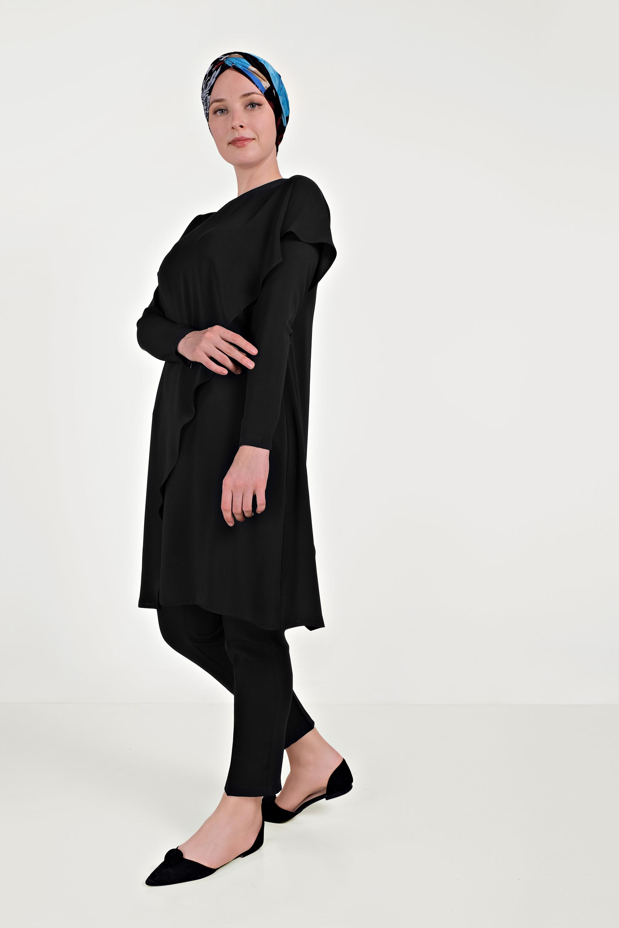 Hijab clothing BLACK ASYMMETRIC FRILLED 2-PIECE SUIT WITH PANTS 30017 