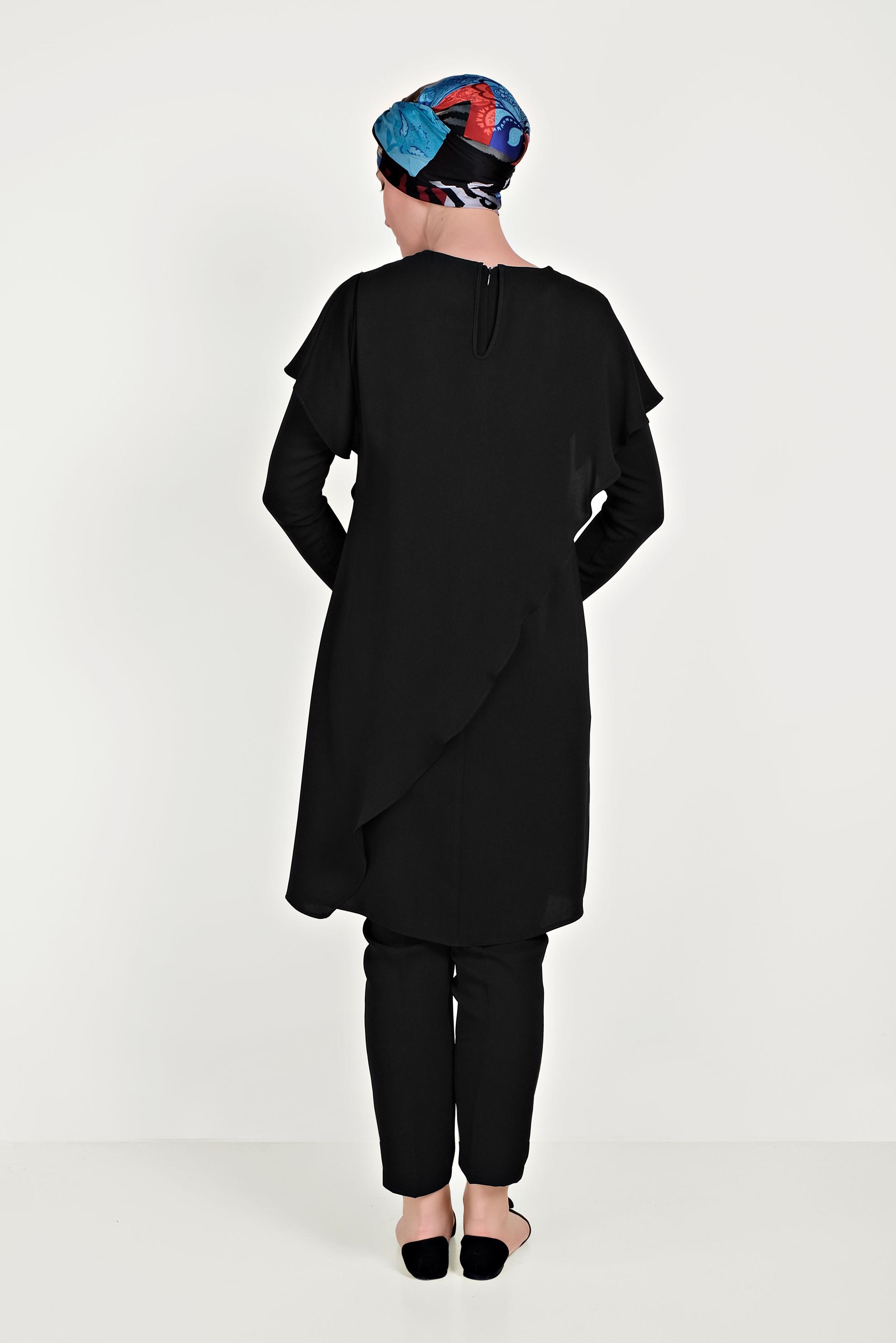 Hijab clothing BLACK ASYMMETRIC FRILLED 2-PIECE SUIT WITH PANTS 30017 