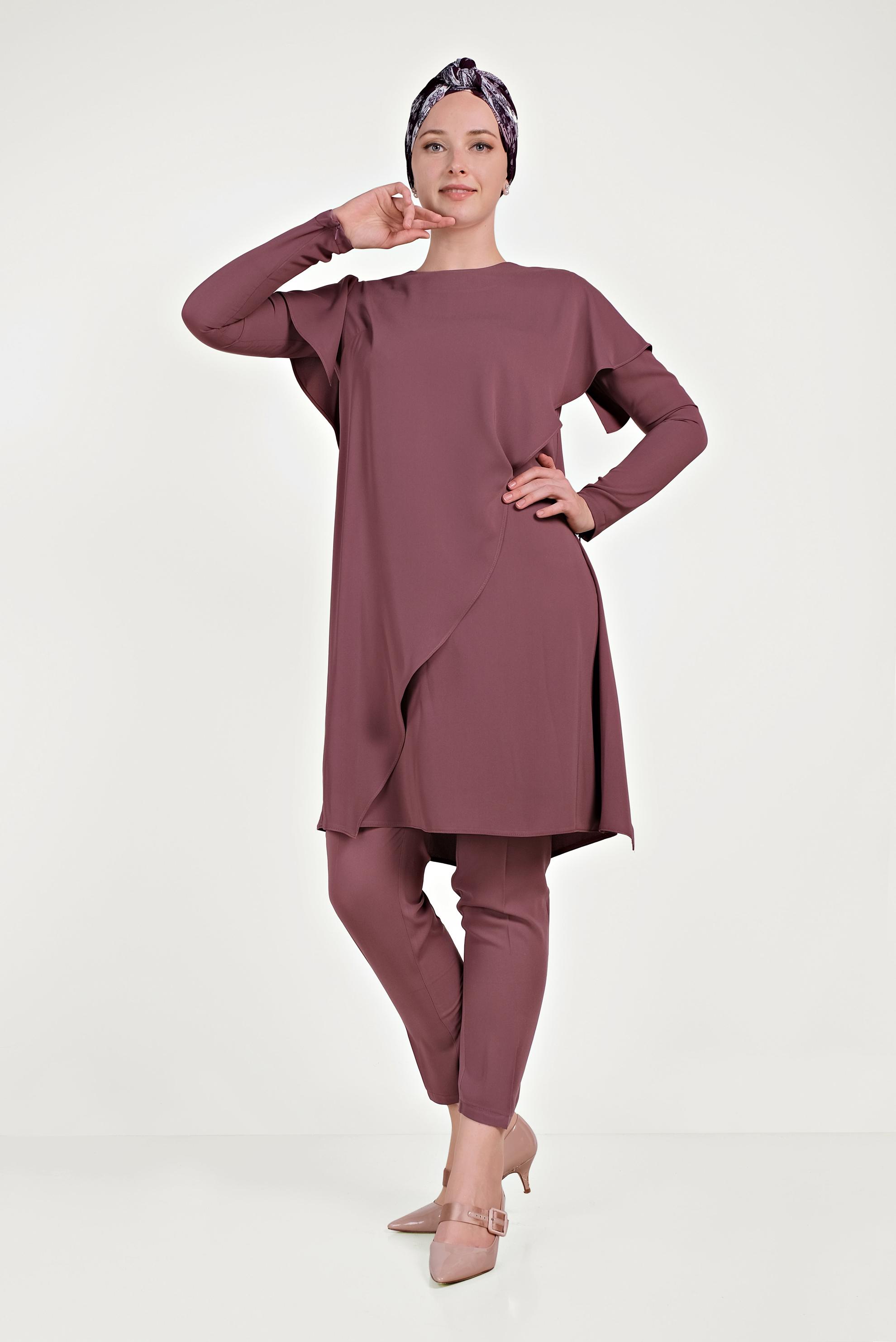 Tesettür giyim PEMBE ASİMETRİK VOLANLI İKİLİ PANT. TAKIM 30017 