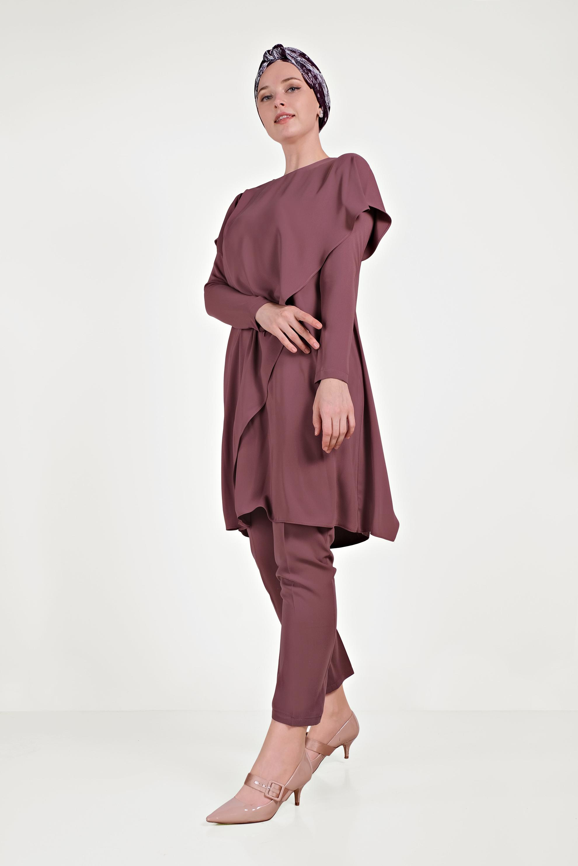 Tesettür giyim PEMBE ASİMETRİK VOLANLI İKİLİ PANT. TAKIM 30017 