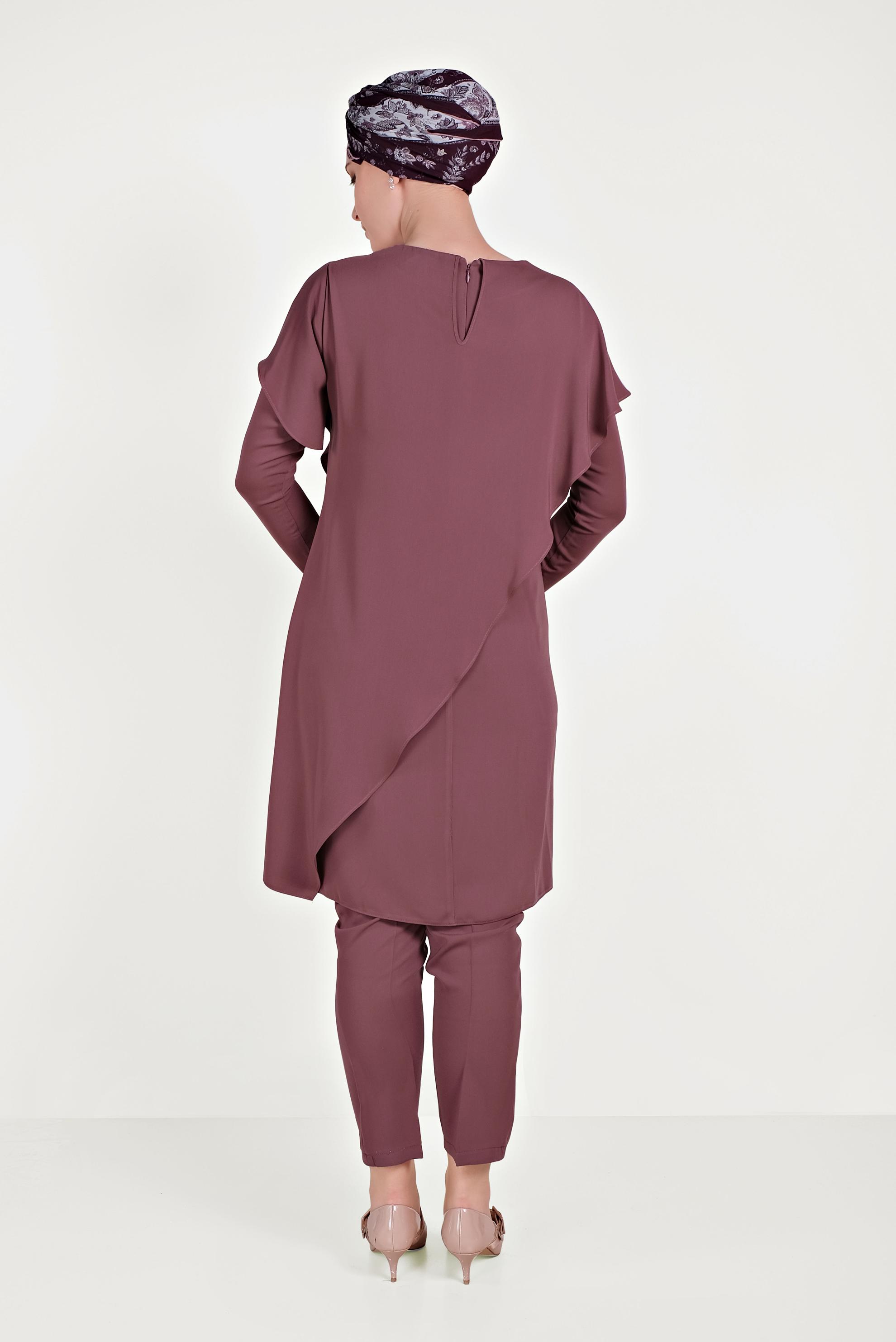 Tesettür giyim PEMBE ASİMETRİK VOLANLI İKİLİ PANT. TAKIM 30017 