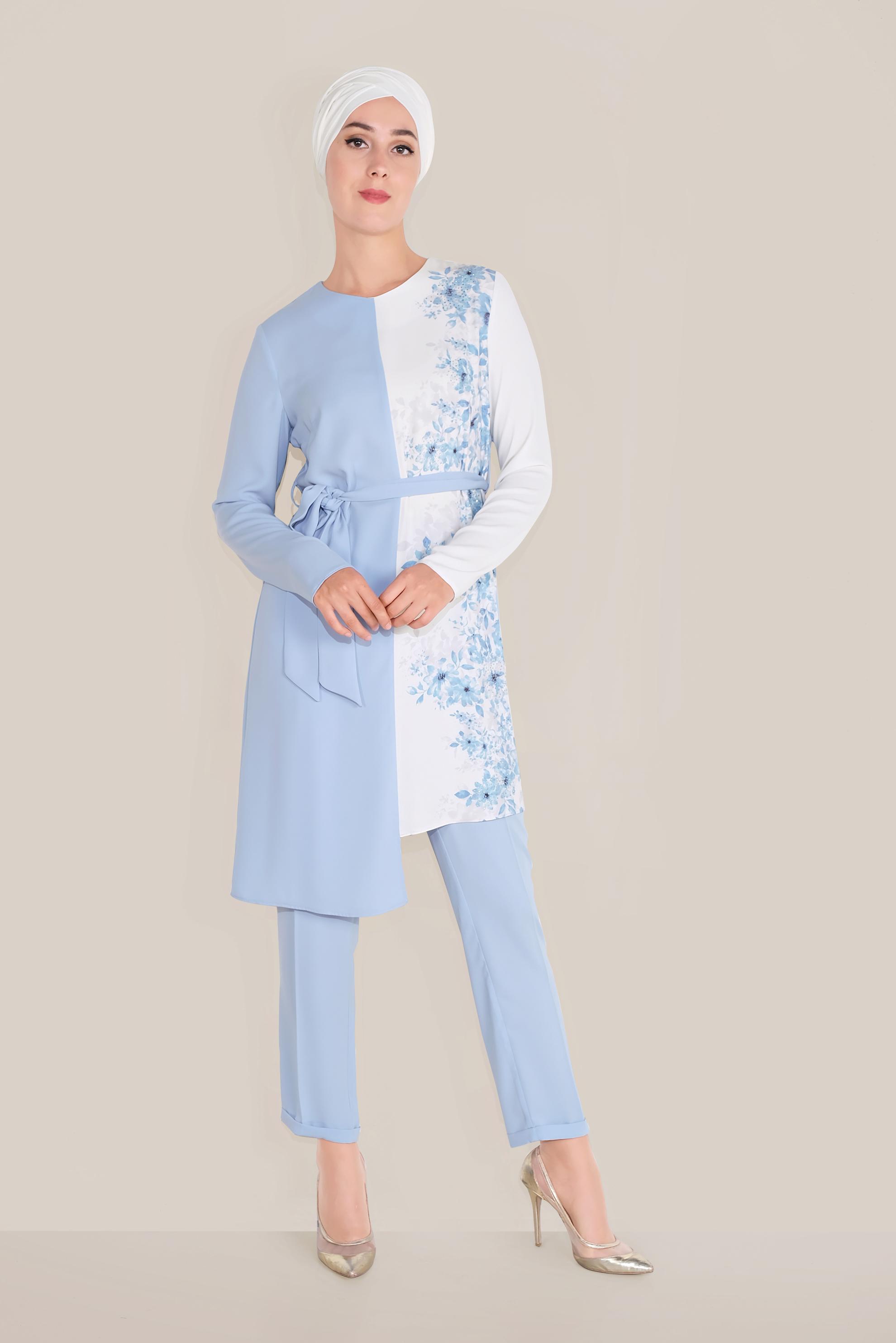 Tesettür giyim MAVİ ÇİÇEK DESENLİ ASİMETRİK PANTOLON TAKIM 30018